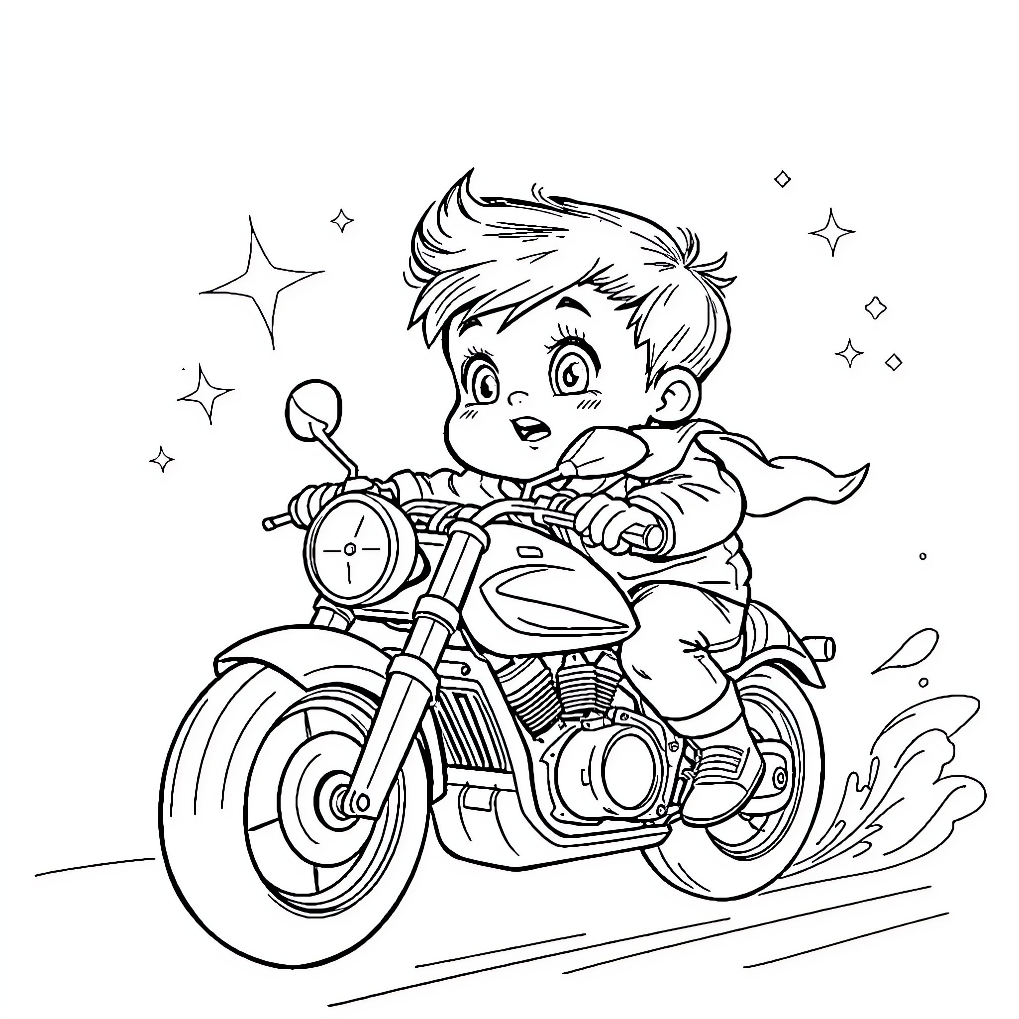 Baby Boy Riding a Motorcycle with Excitement Coloring Page (free black-and-white line drawing printable PDF for all, from beginners to advanced learners, including children, teens, adults, and seniors)