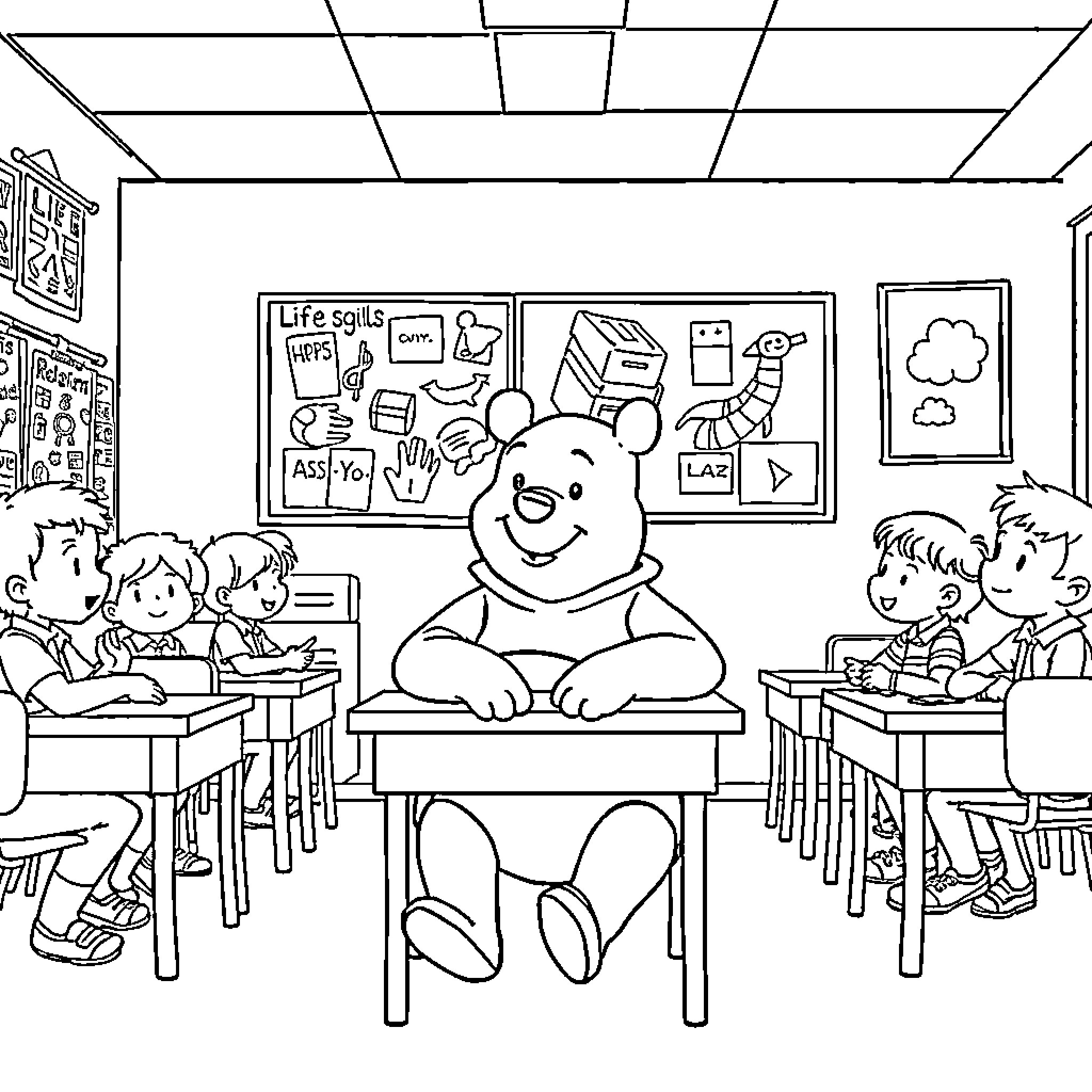 Winnie The Pooh Sitting in Classroom with Students Coloring Page (free black-and-white line drawing printable PDF for all, from beginners to advanced learners, including children, teens, adults, and seniors)