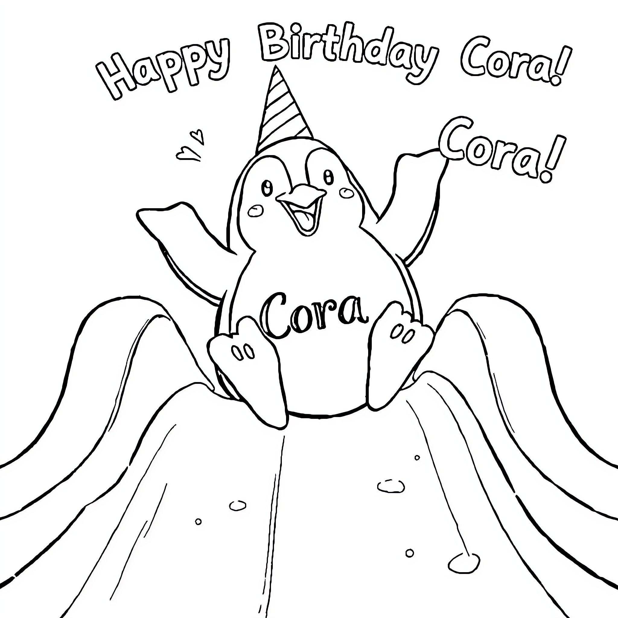 Penguin celebrating a happy birthday Coloring Page (free black-and-white line drawing printable PDF for all, from beginners to advanced learners, including children, teens, adults, and seniors)