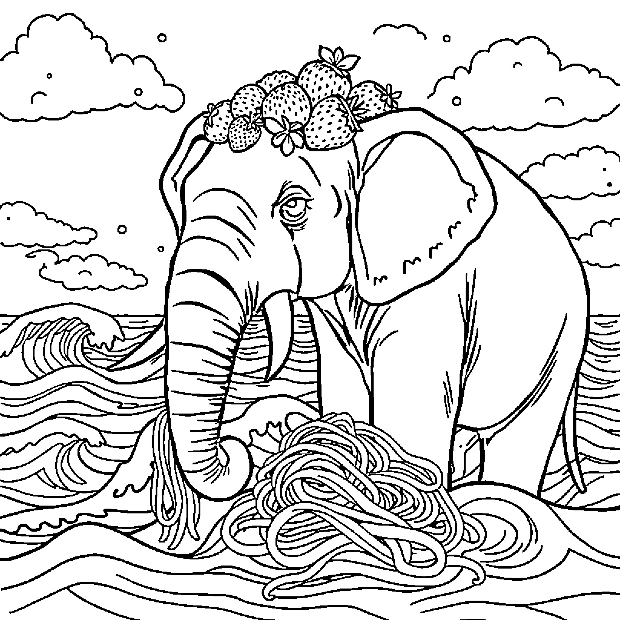 Strawberry Elephant in a Whimsical Underwater Scene Coloring Page (free black-and-white line drawing printable PDF for all, from beginners to advanced learners, including children, teens, adults, and seniors)