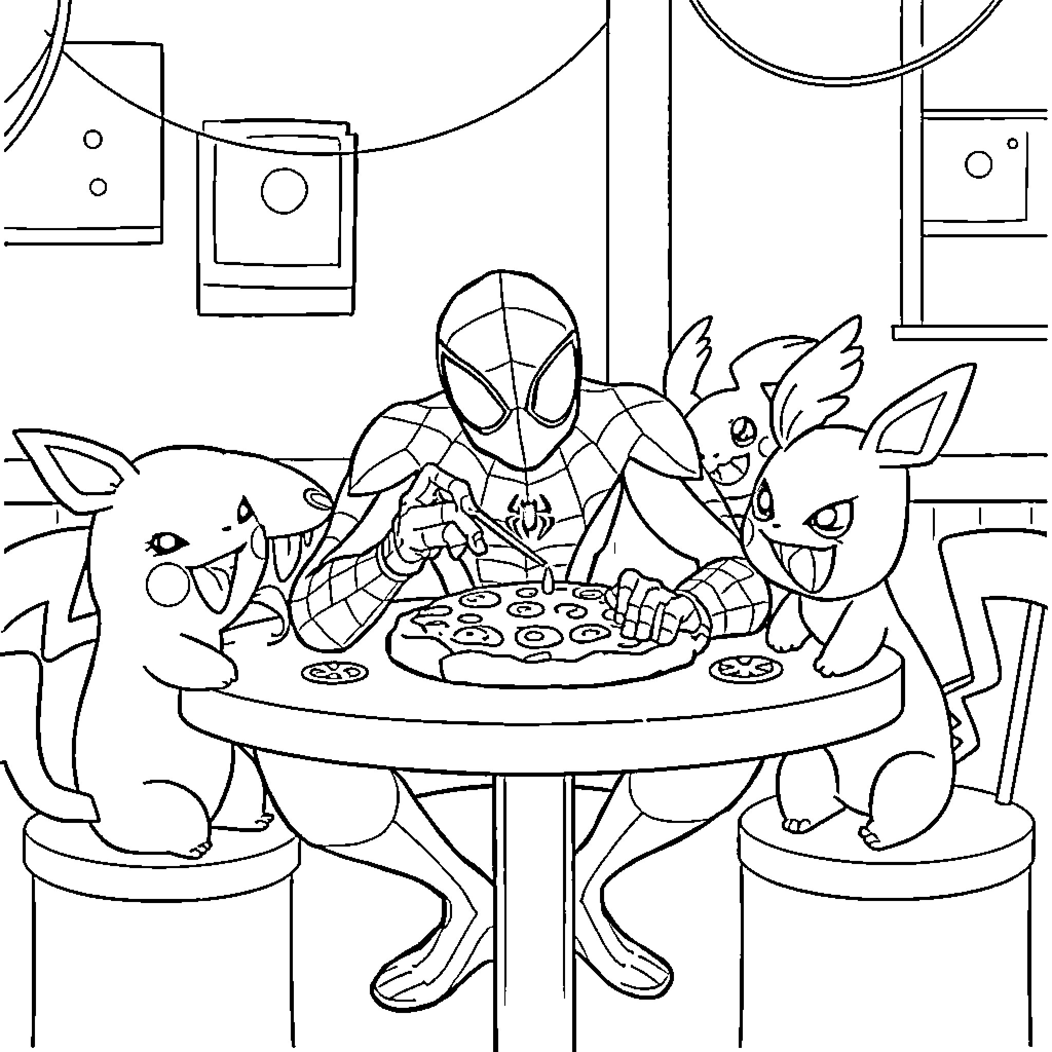 Spiderman shares a meal with friendly cartoon animals Coloring Page (free black-and-white line drawing printable PDF for all, from beginners to advanced learners, including children, teens, adults, and seniors)