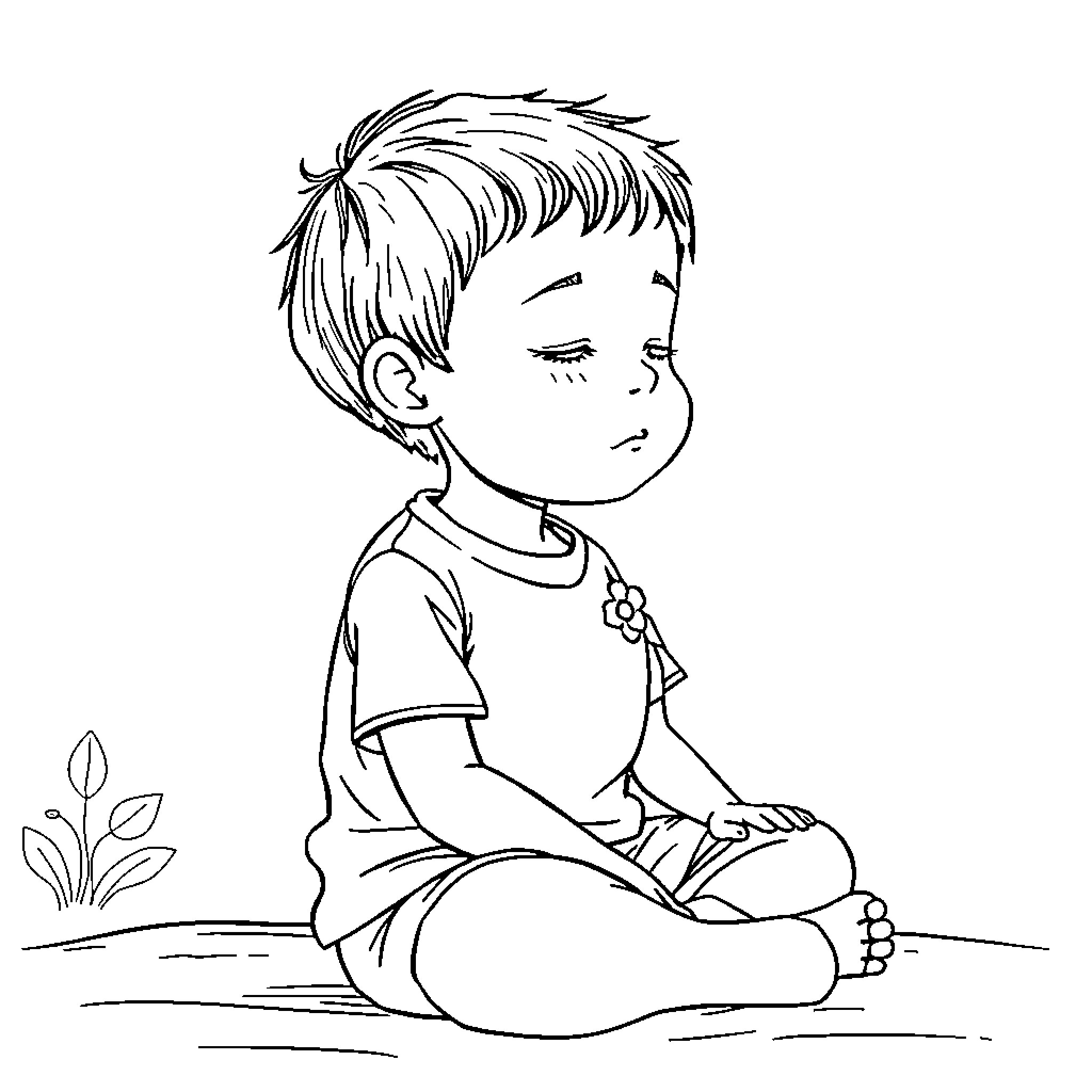 Child enjoying peaceful moment in nature Coloring Page (free black-and-white line drawing printable PDF for all, from beginners to advanced learners, including children, teens, adults, and seniors)