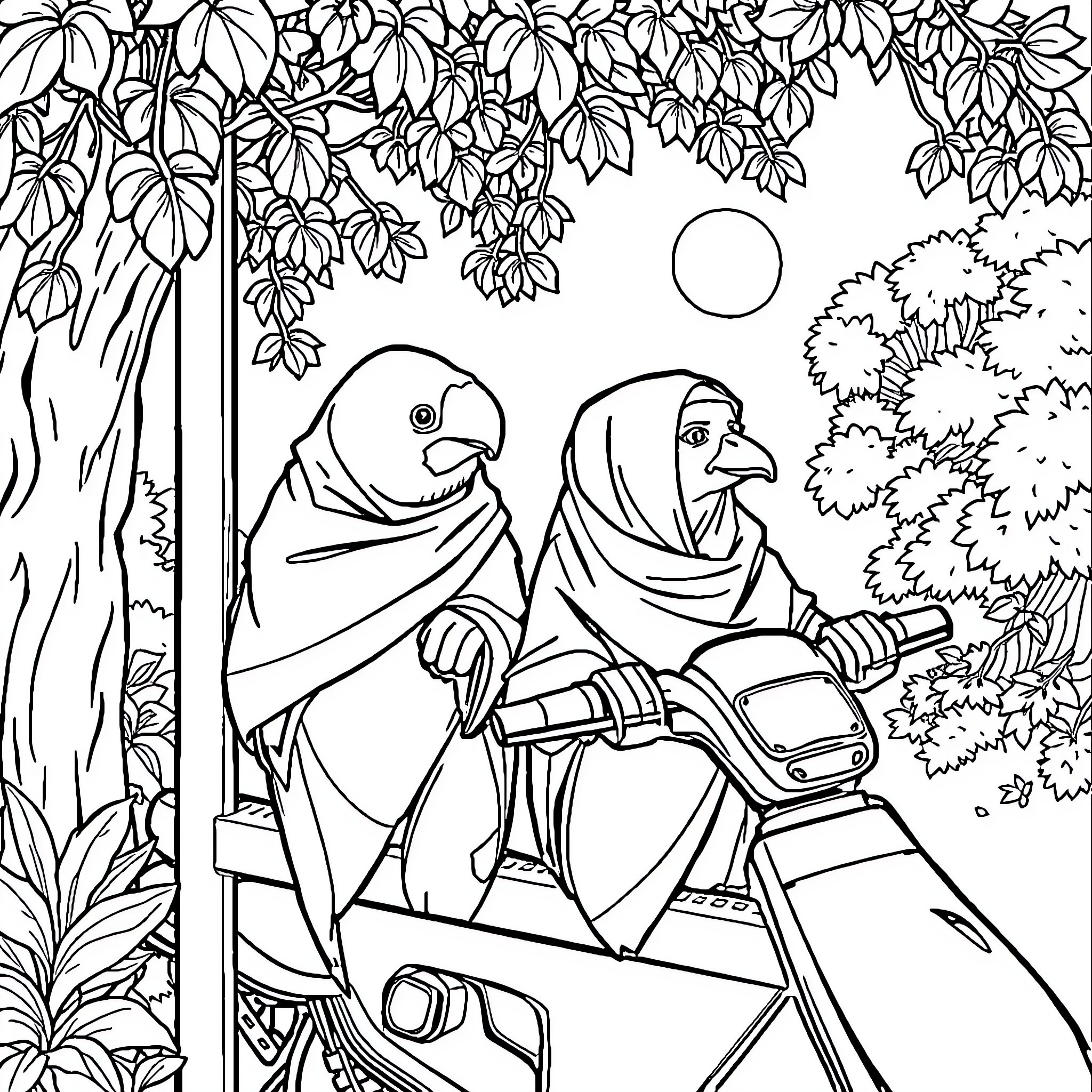 Train Passenger Women on Motorcycle in Forest Coloring Page (free black-and-white line drawing printable PDF for all, from beginners to advanced learners, including children, teens, adults, and seniors)