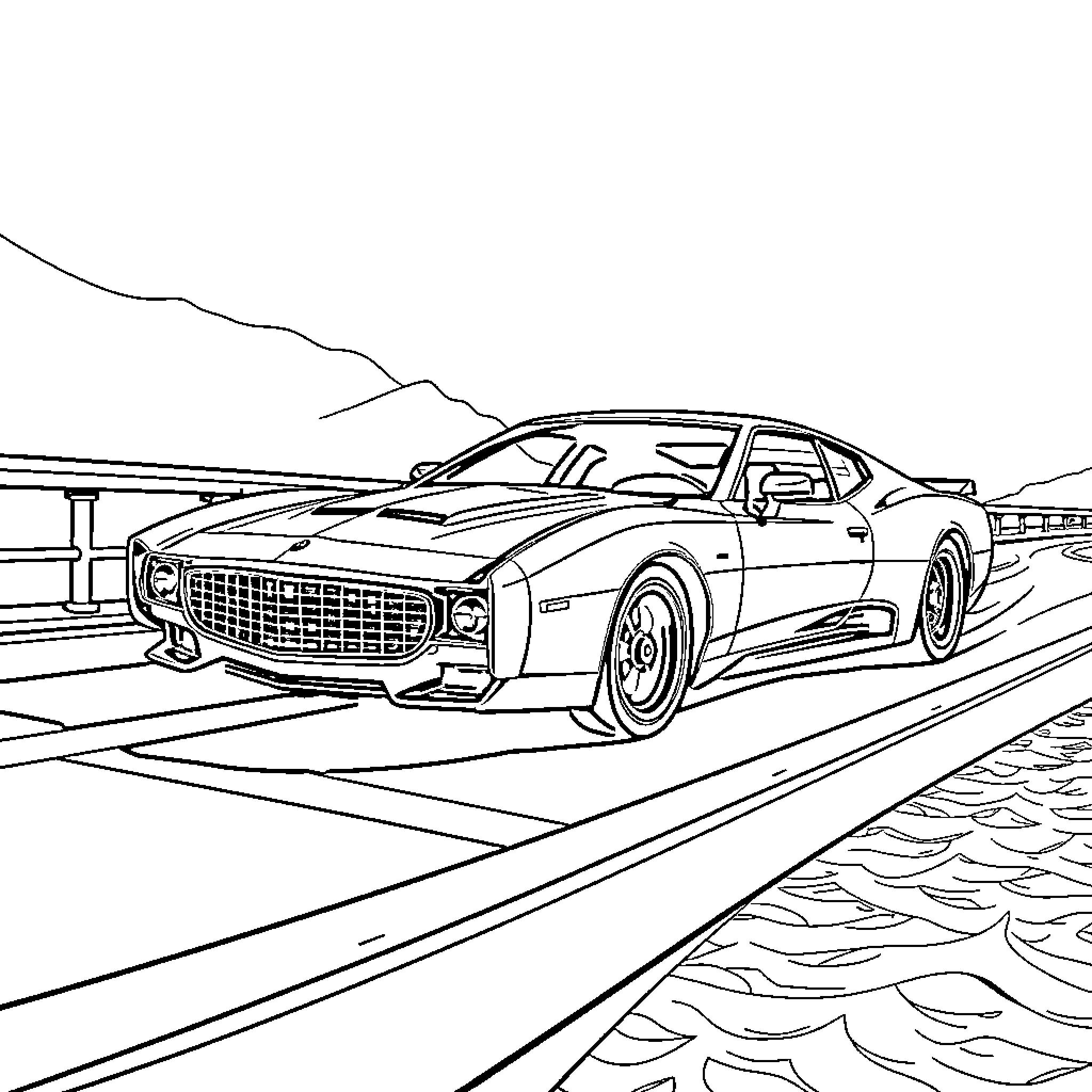 Monte Carlo sports car on the road Coloring Page (free black-and-white line drawing printable PDF for all, from beginners to advanced learners, including children, teens, adults, and seniors)