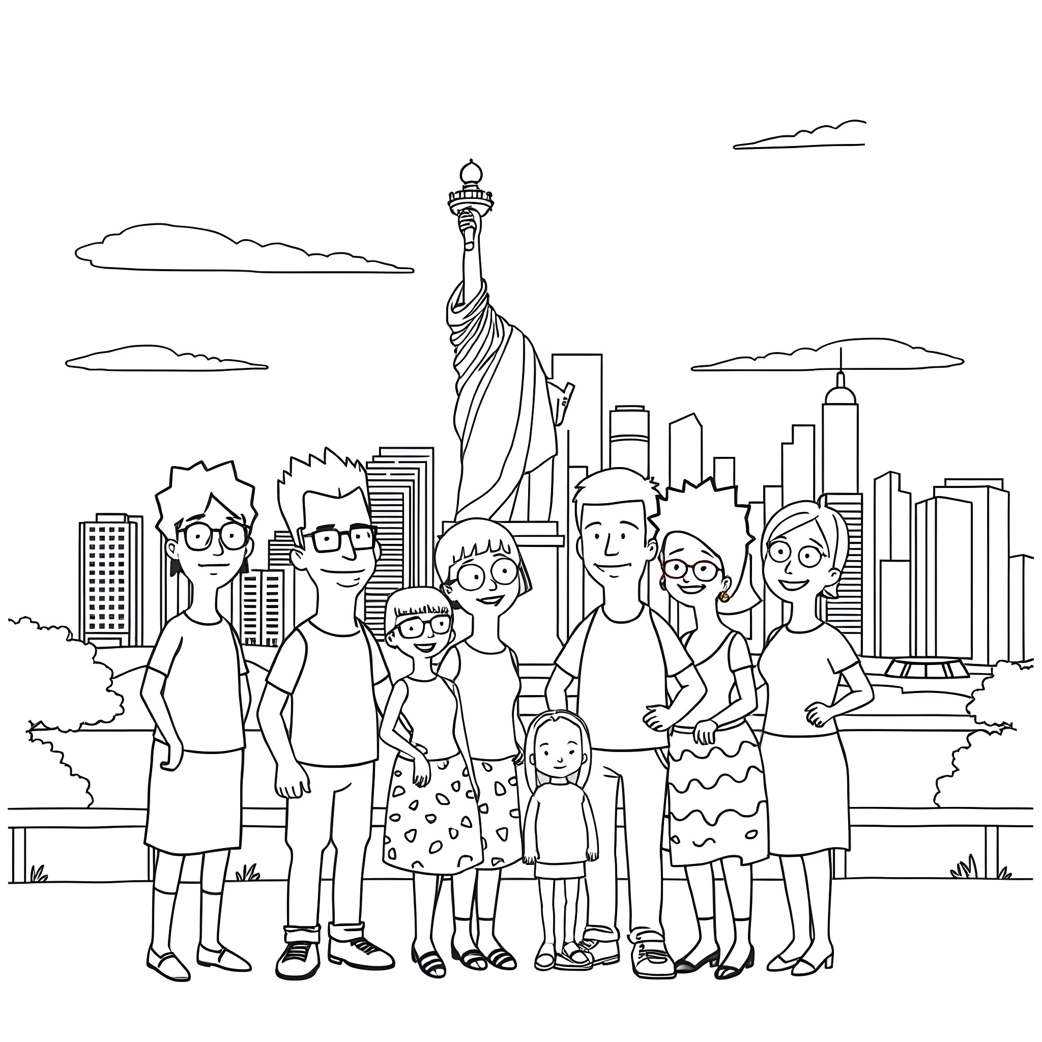 Bob's Burgers Family Outing in New York City Coloring Page (free black-and-white line drawing printable PDF for all, from beginners to advanced learners, including children, teens, adults, and seniors)