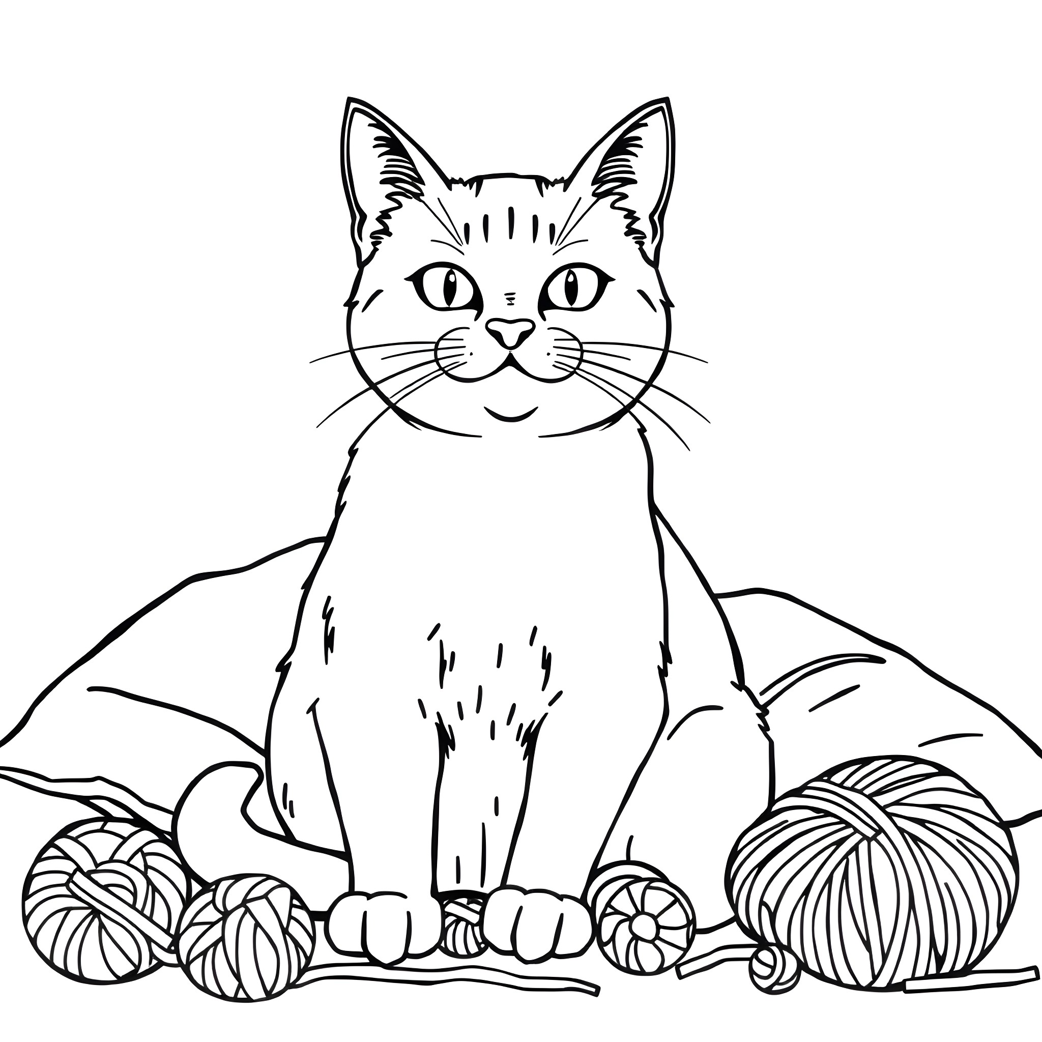 Cat surrounded by yarn and balls of wool Coloring Page (free black-and-white line drawing printable PDF for all, from beginners to advanced learners, including children, teens, adults, and seniors)