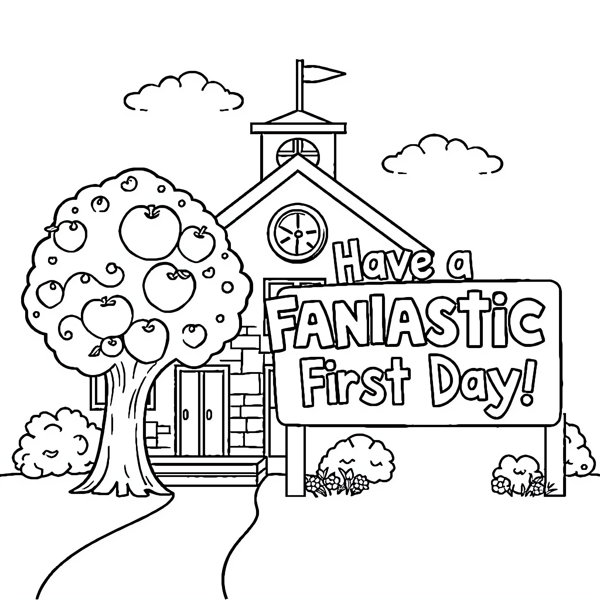 School Celebrating a Fantastic First Day Coloring Page (free black-and-white line drawing printable PDF for all, from beginners to advanced learners, including children, teens, adults, and seniors)