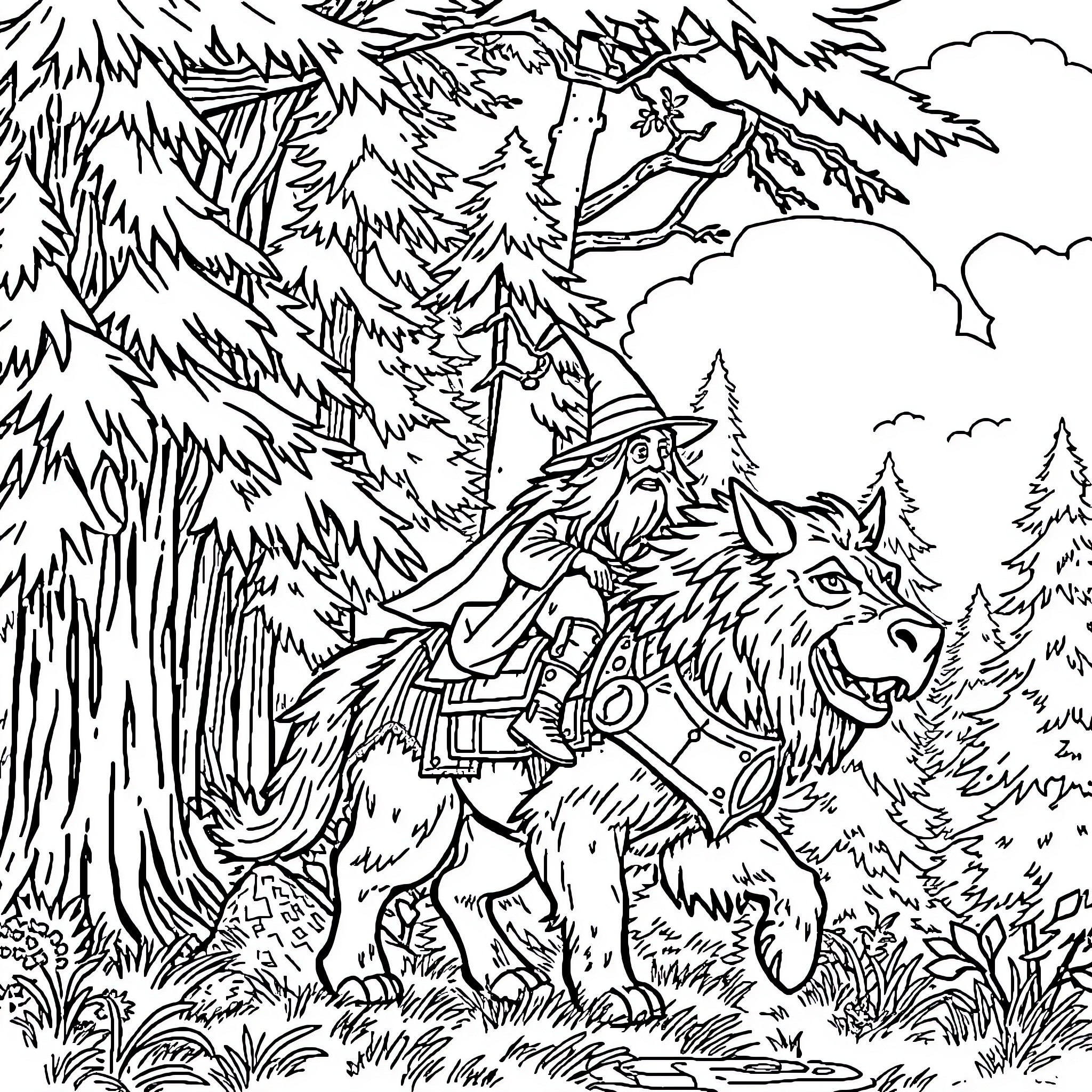 Hobbit riding a wolf through the enchanted forest Coloring Page (free black-and-white line drawing printable PDF for all, from beginners to advanced learners, including children, teens, adults, and seniors)