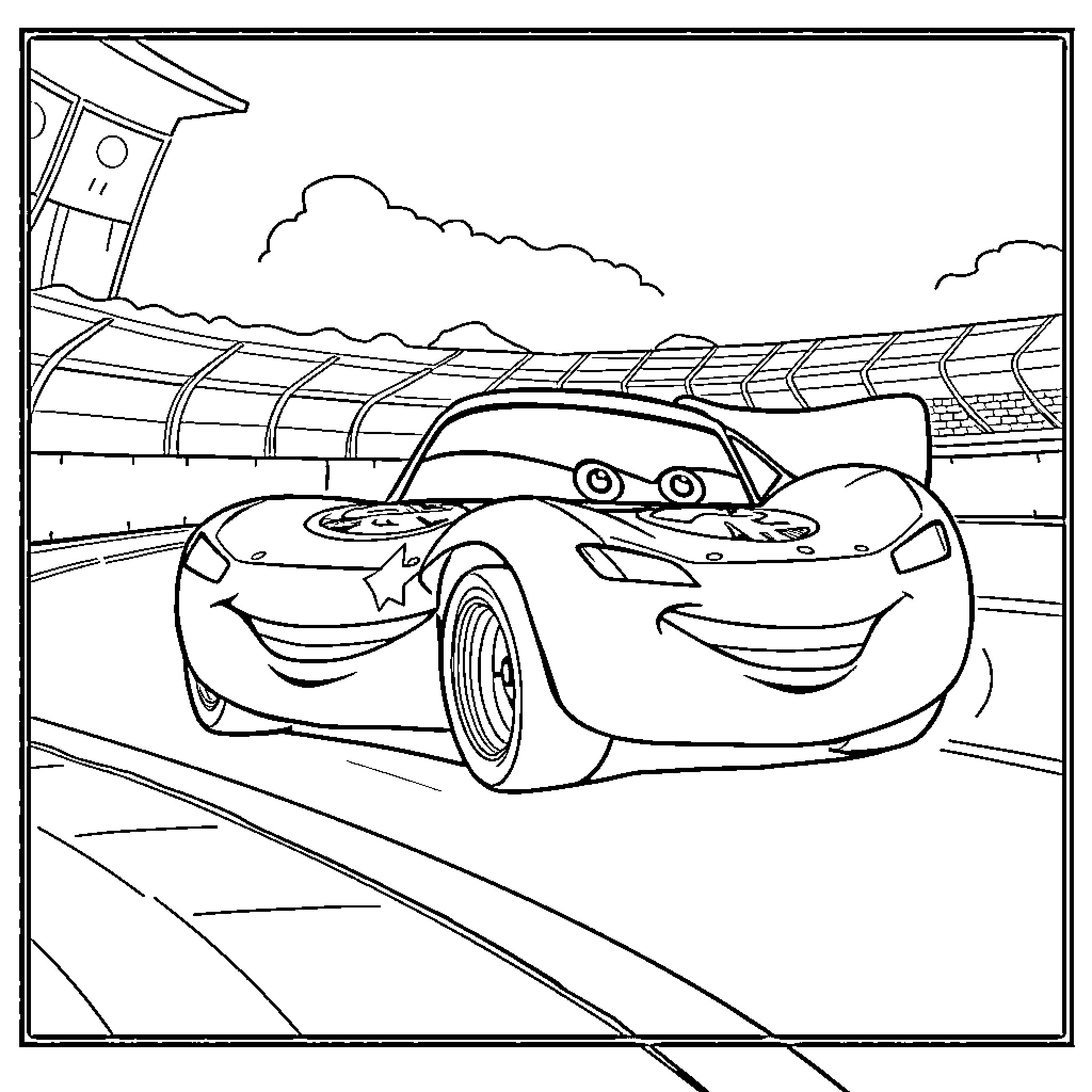 Flash McQueen Races Through the Stadium Coloring Page (free black-and-white line drawing printable PDF for all, from beginners to advanced learners, including children, teens, adults, and seniors)