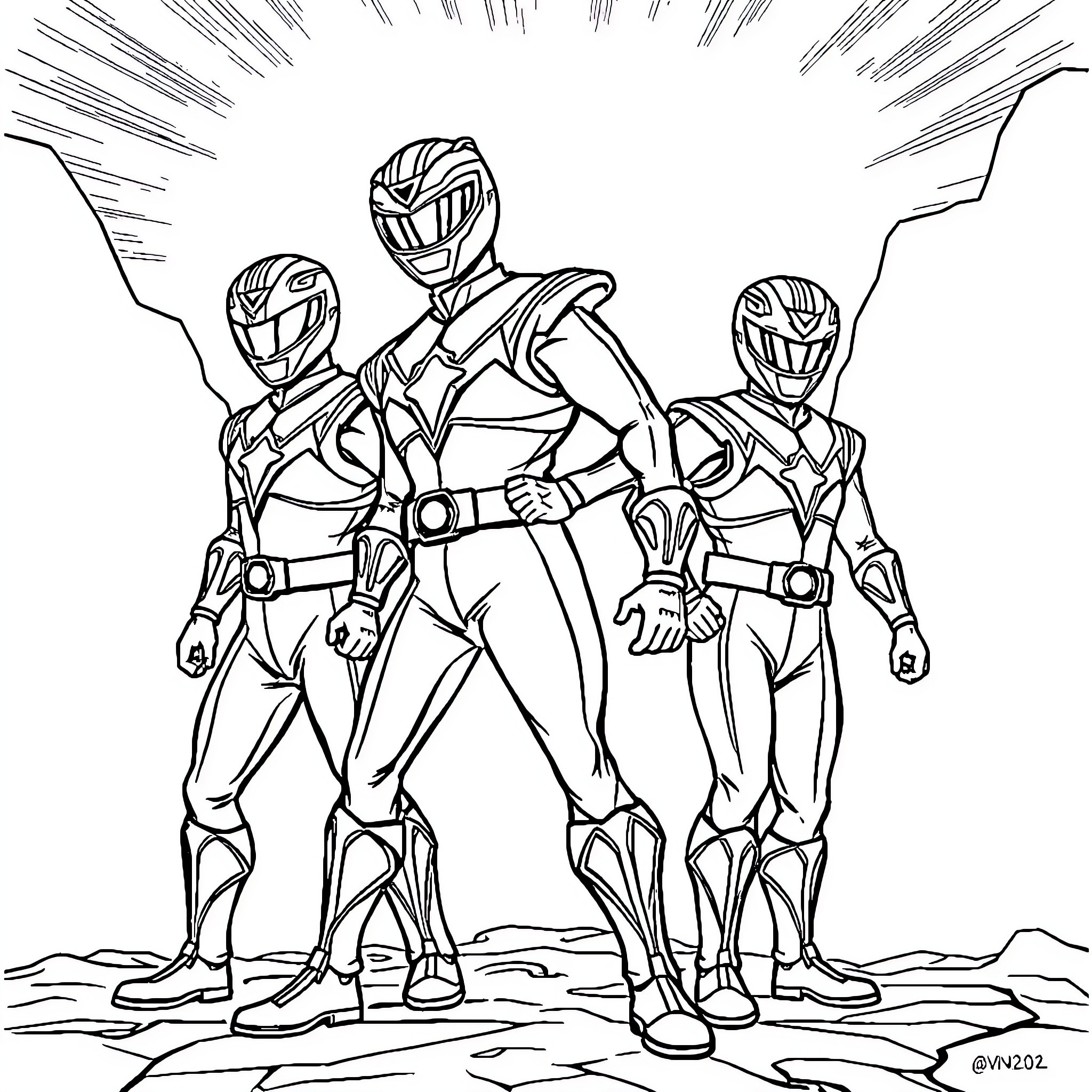 Power Rangers Standing in Action Poses Coloring Page (free black-and-white line drawing printable PDF for all, from beginners to advanced learners, including children, teens, adults, and seniors)