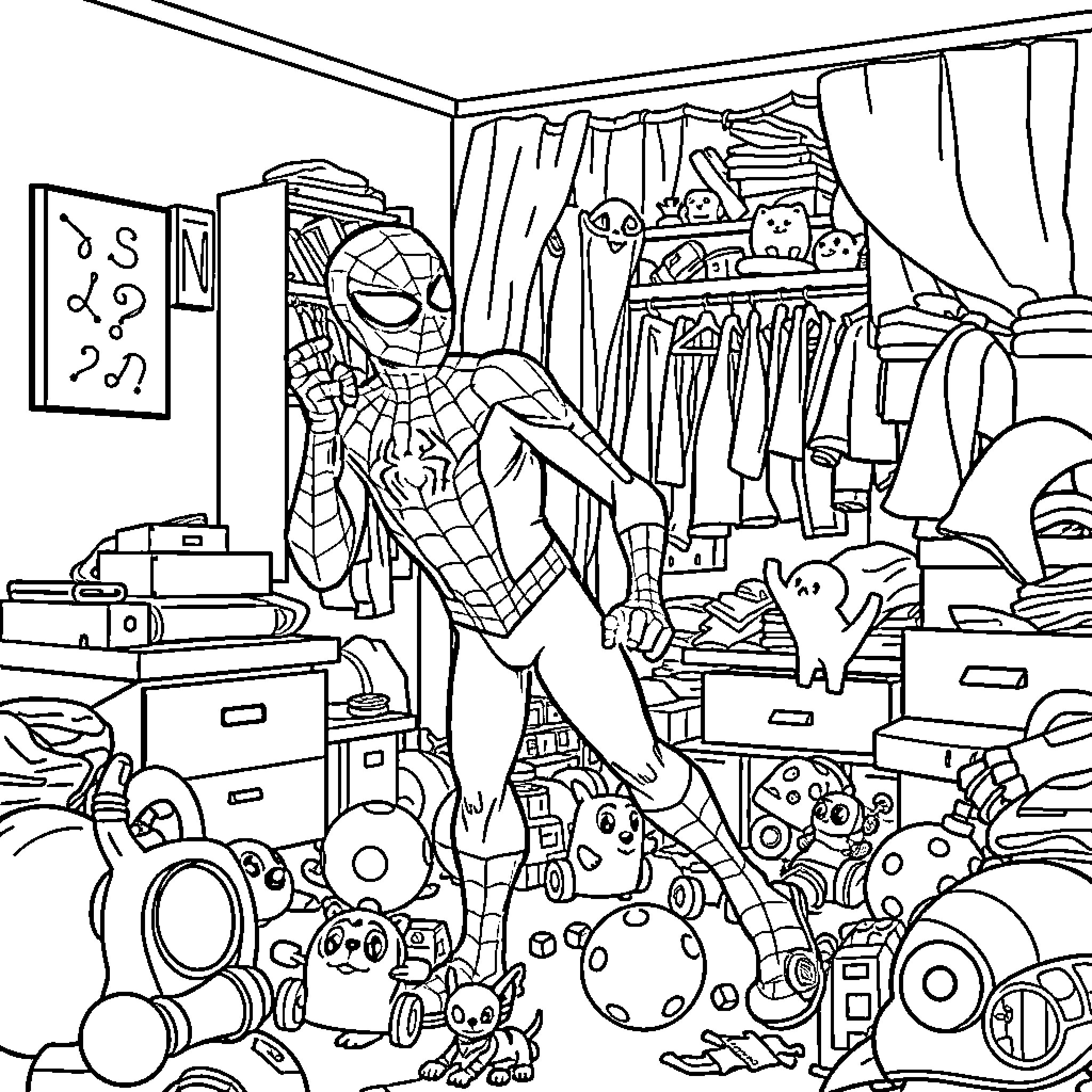 Spiderman's messy room filled with toys and gadgets Coloring Page (free black-and-white line drawing printable PDF for all, from beginners to advanced learners, including children, teens, adults, and seniors)