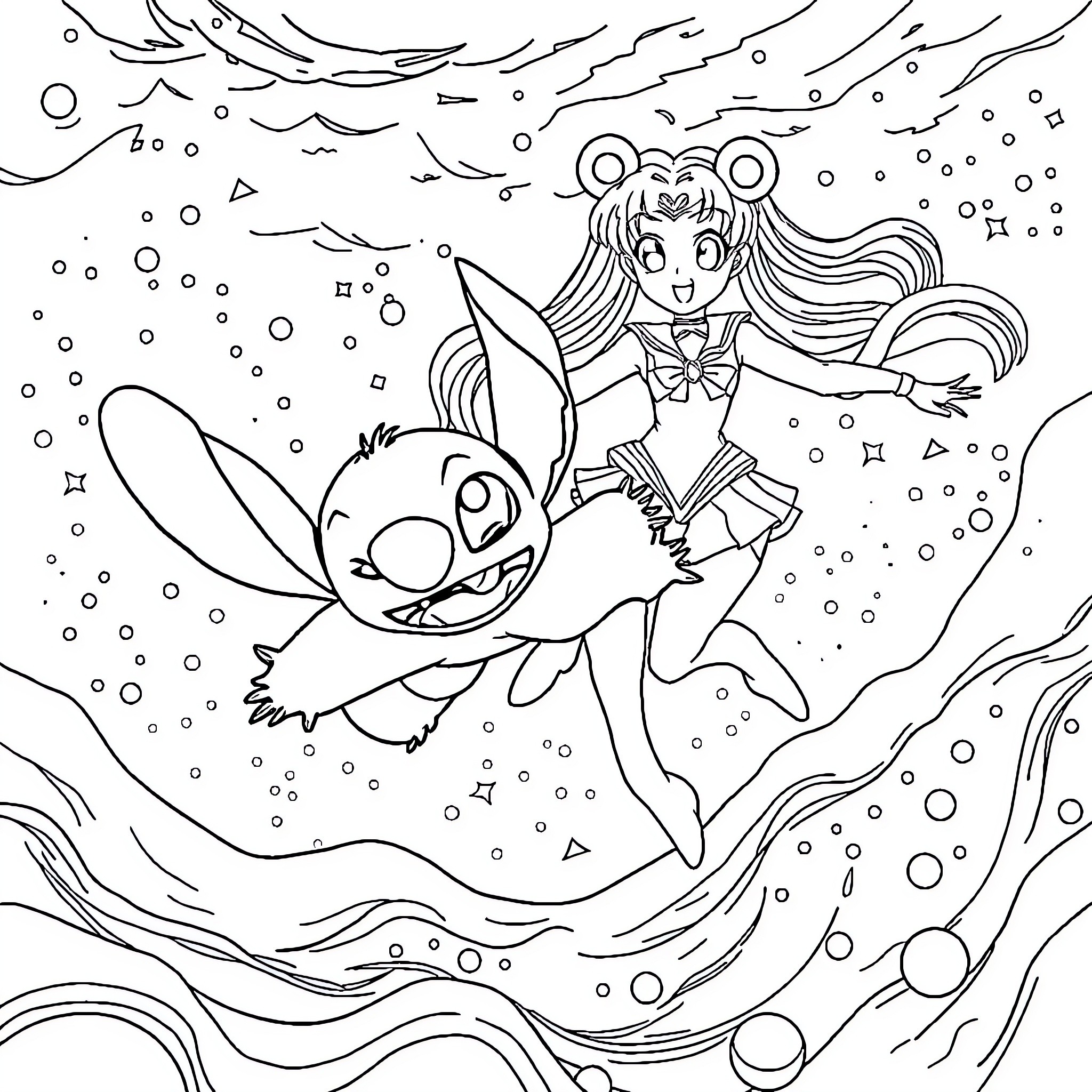Stitch and Sailor Moon adventure in the ocean Coloring Page (free black-and-white line drawing printable PDF for all, from beginners to advanced learners, including children, teens, adults, and seniors)