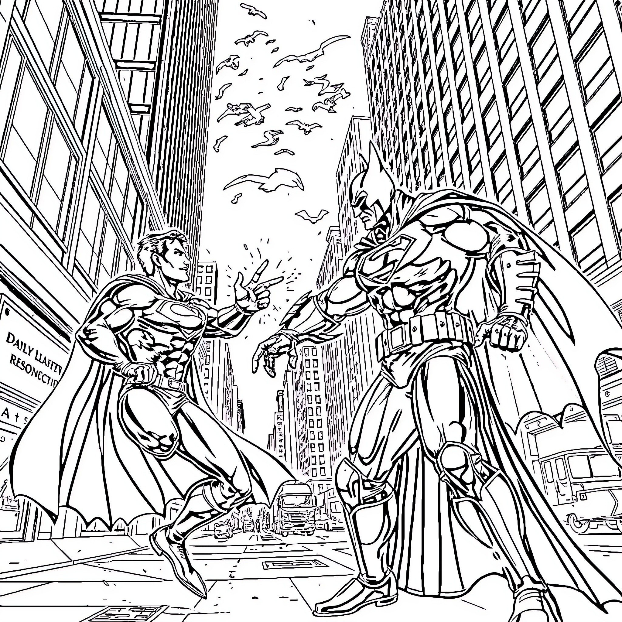 Superman and Batman in epic urban showdown Coloring Page (free black-and-white line drawing printable PDF for all, from beginners to advanced learners, including children, teens, adults, and seniors)