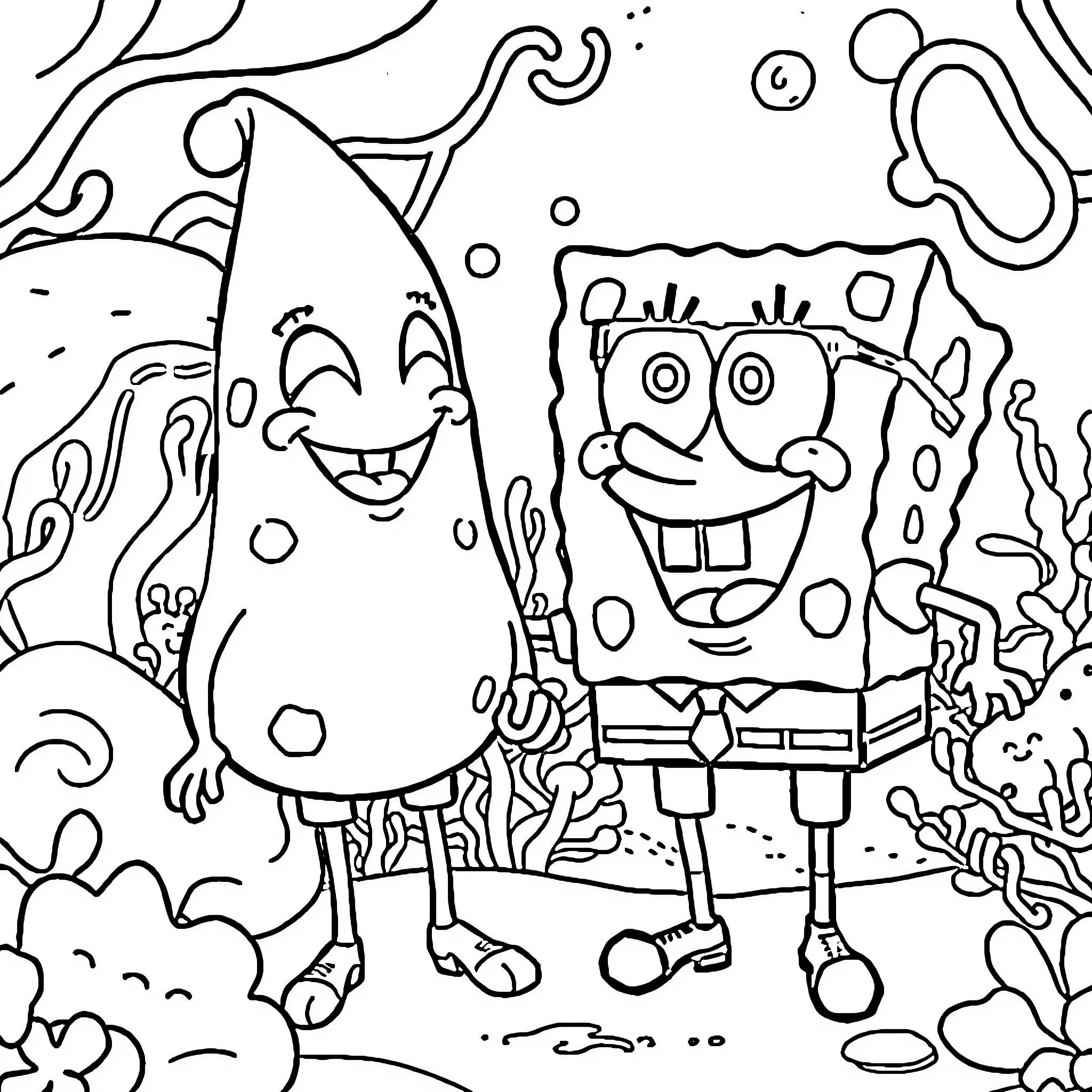 Labubu and Spongebob's underwater adventure Coloring Page (free black-and-white line drawing printable PDF for all, from beginners to advanced learners, including children, teens, adults, and seniors)