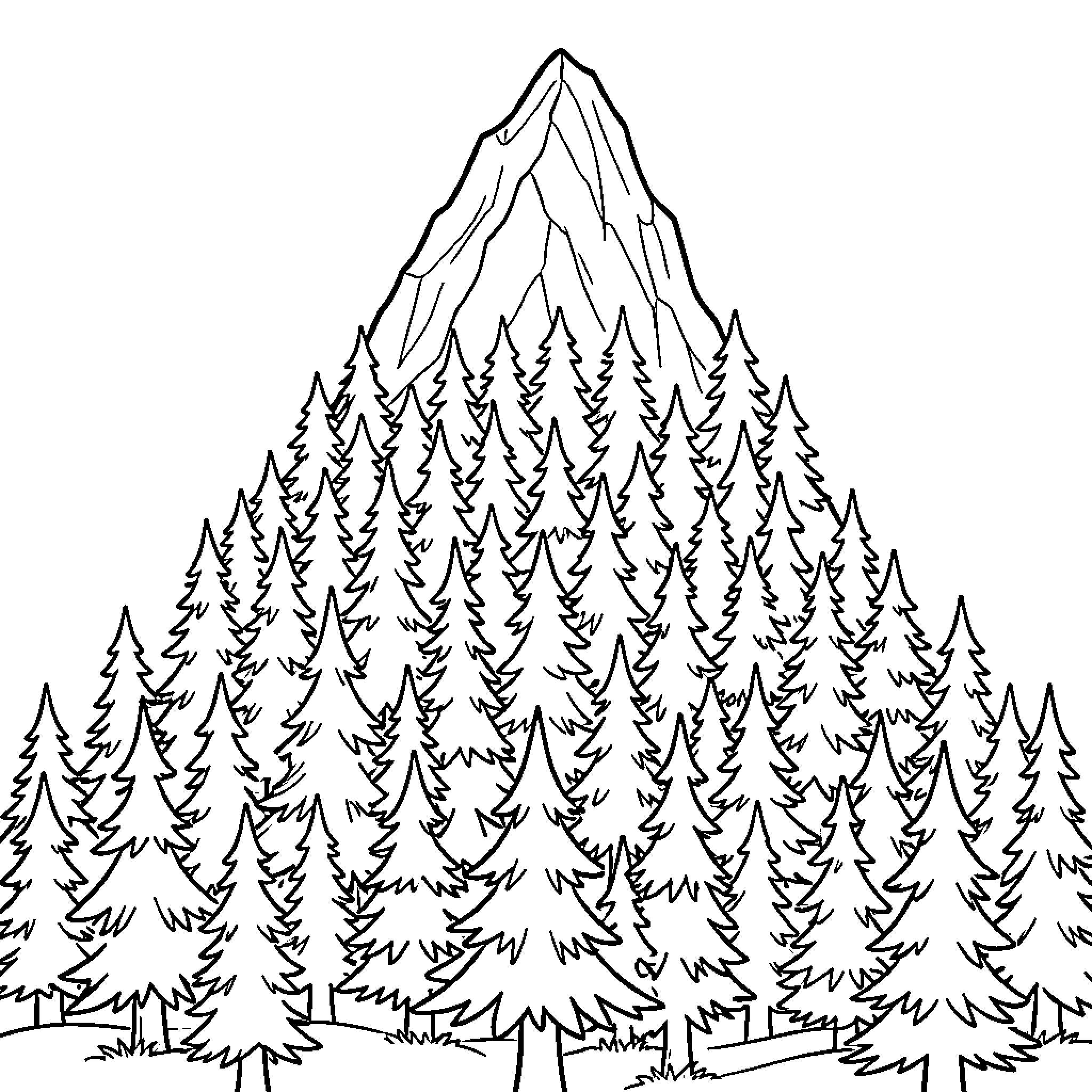 Mountain rising above a dense pine forest Coloring Page (free black-and-white line drawing printable PDF for all, from beginners to advanced learners, including children, teens, adults, and seniors)
