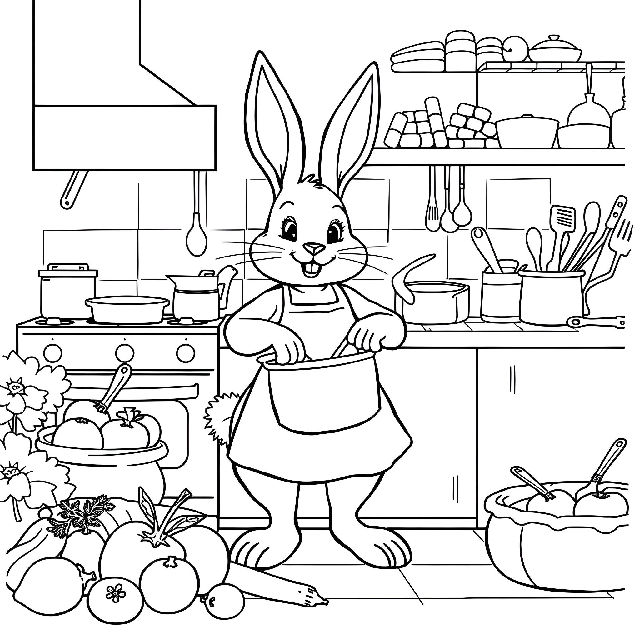 Bunny cooking and preparing in the kitchen Coloring Page (free black-and-white line drawing printable PDF for all, from beginners to advanced learners, including children, teens, adults, and seniors)