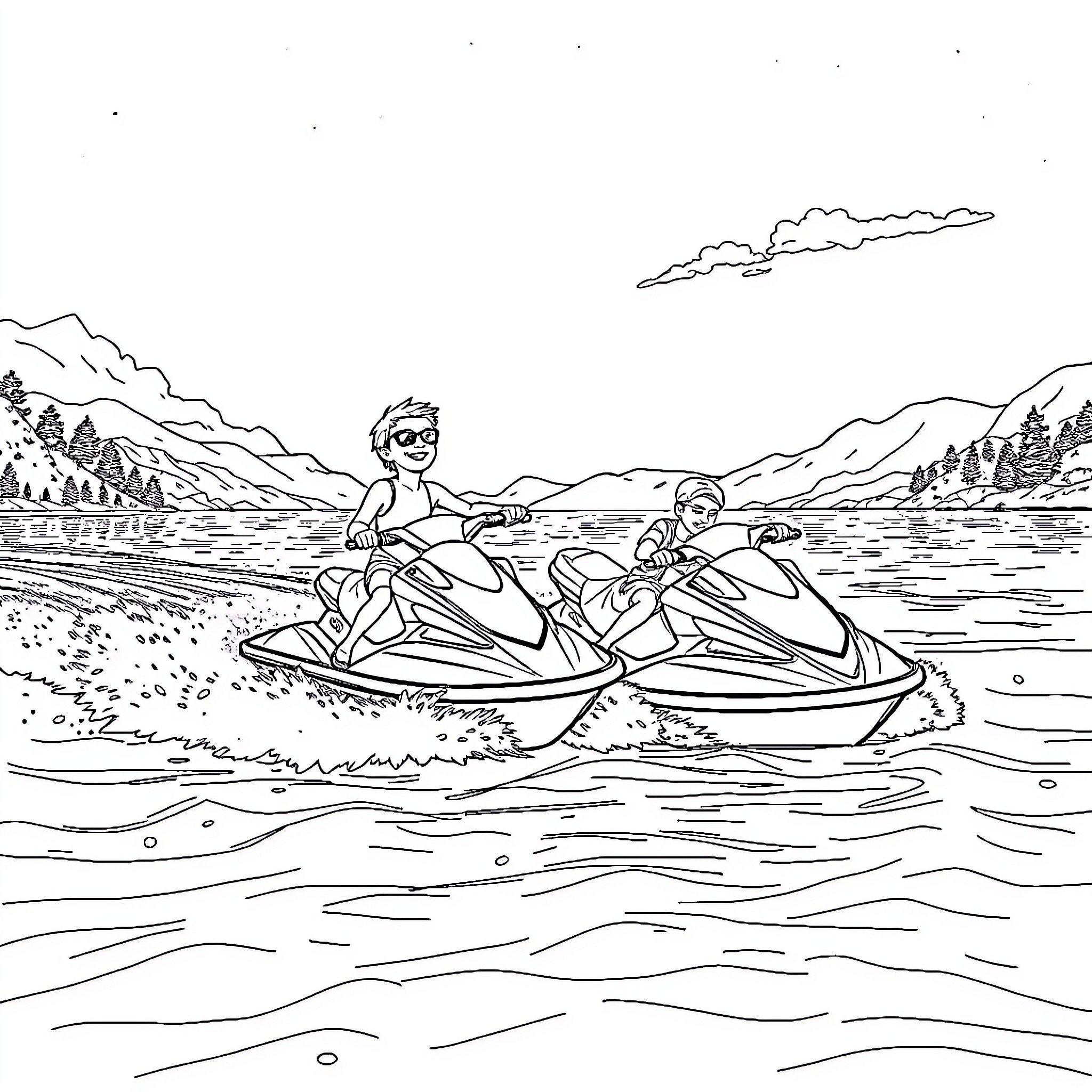 Boy riding jet skis with friend in scenic lakeside Coloring Page (free black-and-white line drawing printable PDF for all, from beginners to advanced learners, including children, teens, adults, and seniors)