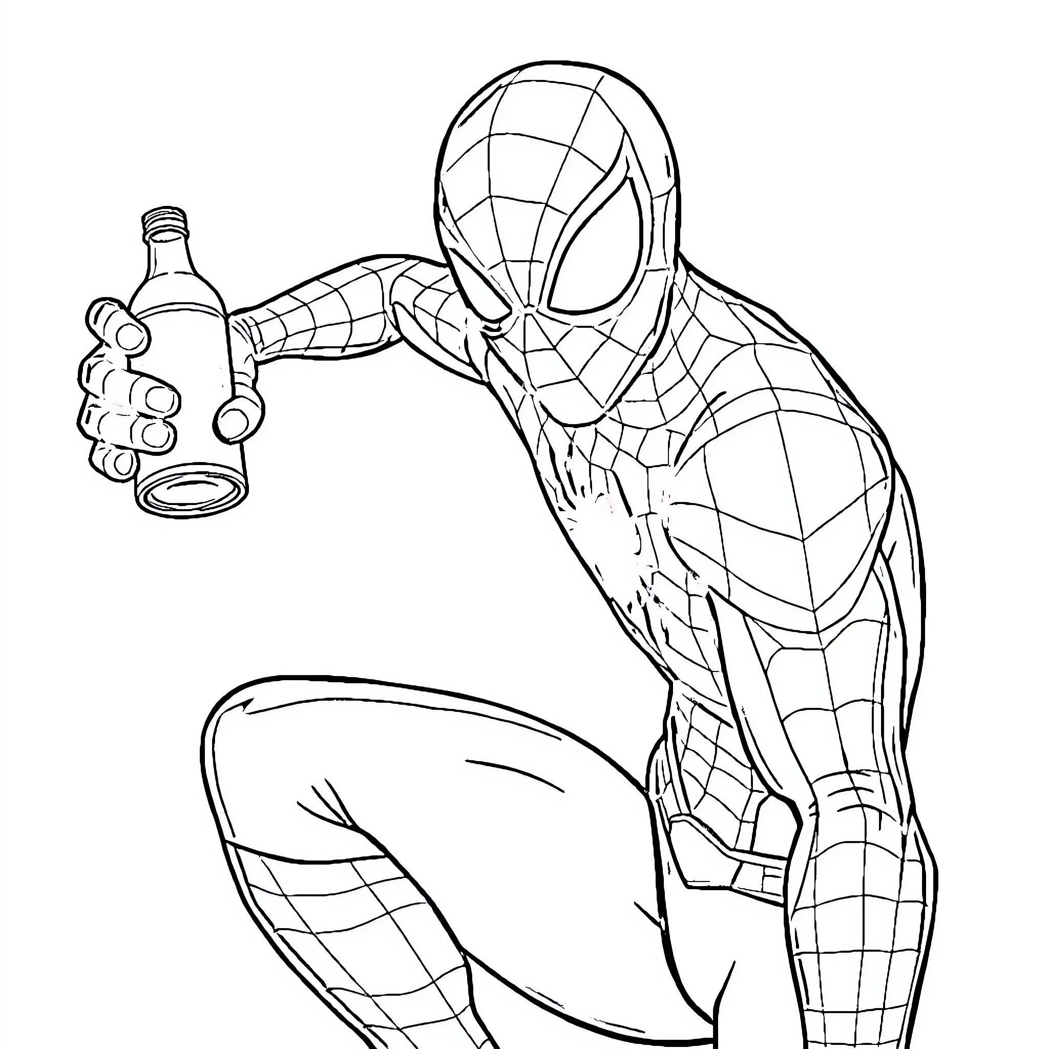 Spiderman in action posture with bottle Coloring Page (free black-and-white line drawing printable PDF for all, from beginners to advanced learners, including children, teens, adults, and seniors)