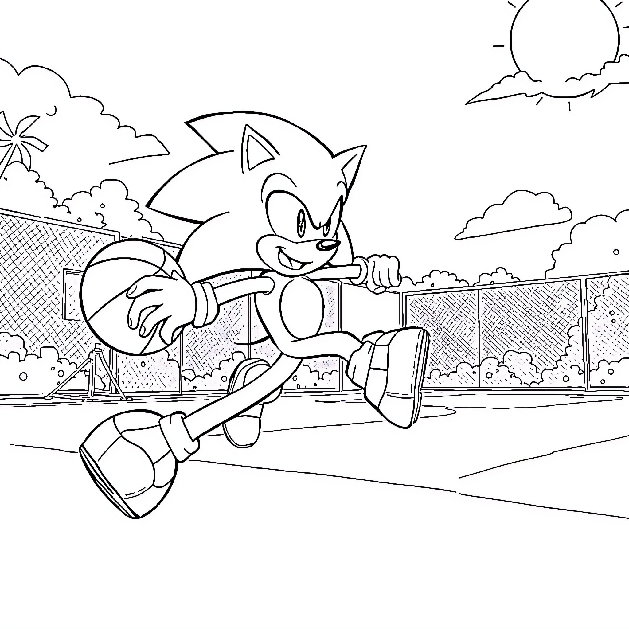 Super Sonic racing through a scenic landscape Coloring Page (free black-and-white line drawing printable PDF for all, from beginners to advanced learners, including children, teens, adults, and seniors)
