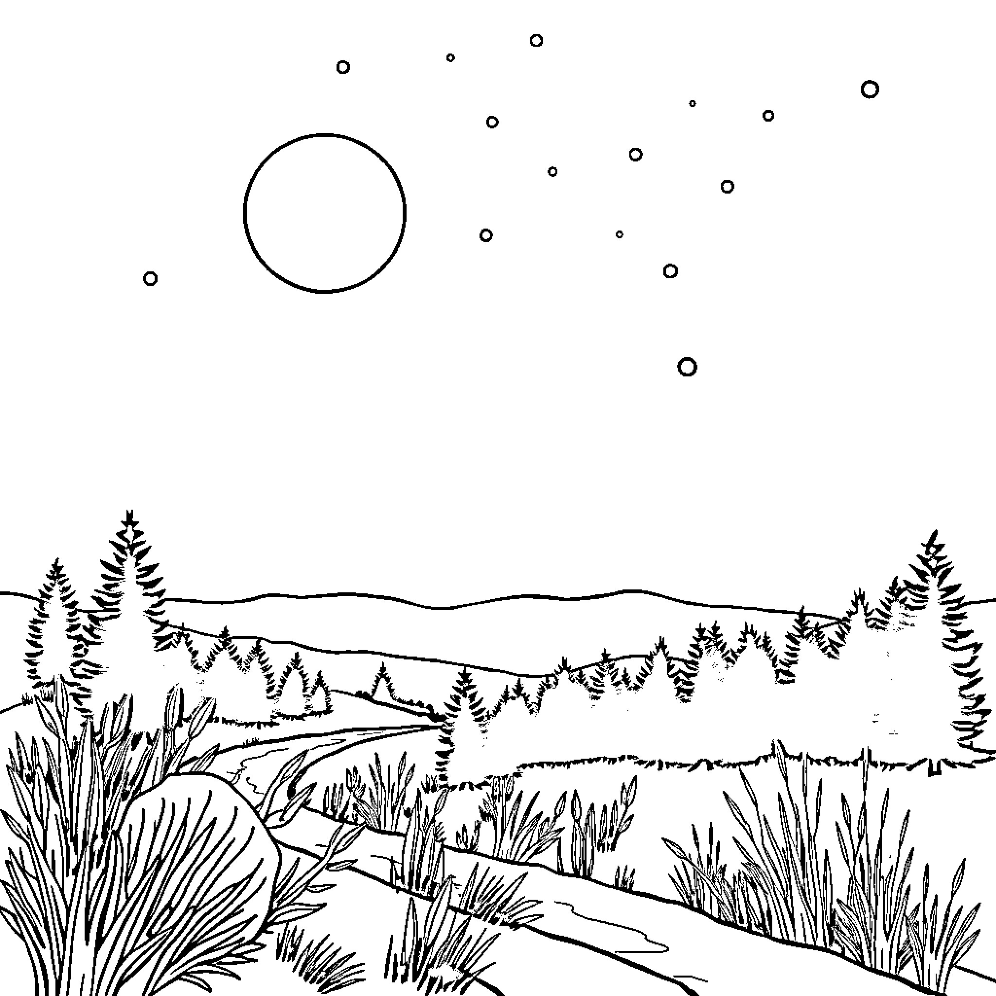 Unicorn gazing at the serene landscape Coloring Page (free black-and-white line drawing printable PDF for all, from beginners to advanced learners, including children, teens, adults, and seniors)