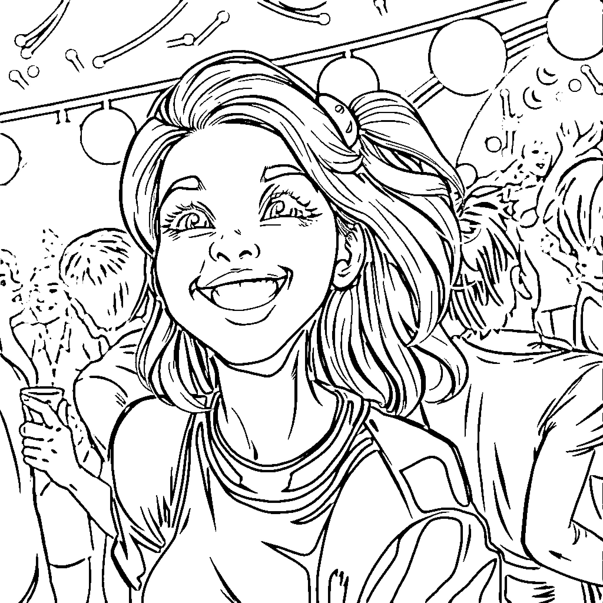 Girl enjoying a cheerful and playful celebration Coloring Page (free black-and-white line drawing printable PDF for all, from beginners to advanced learners, including children, teens, adults, and seniors)