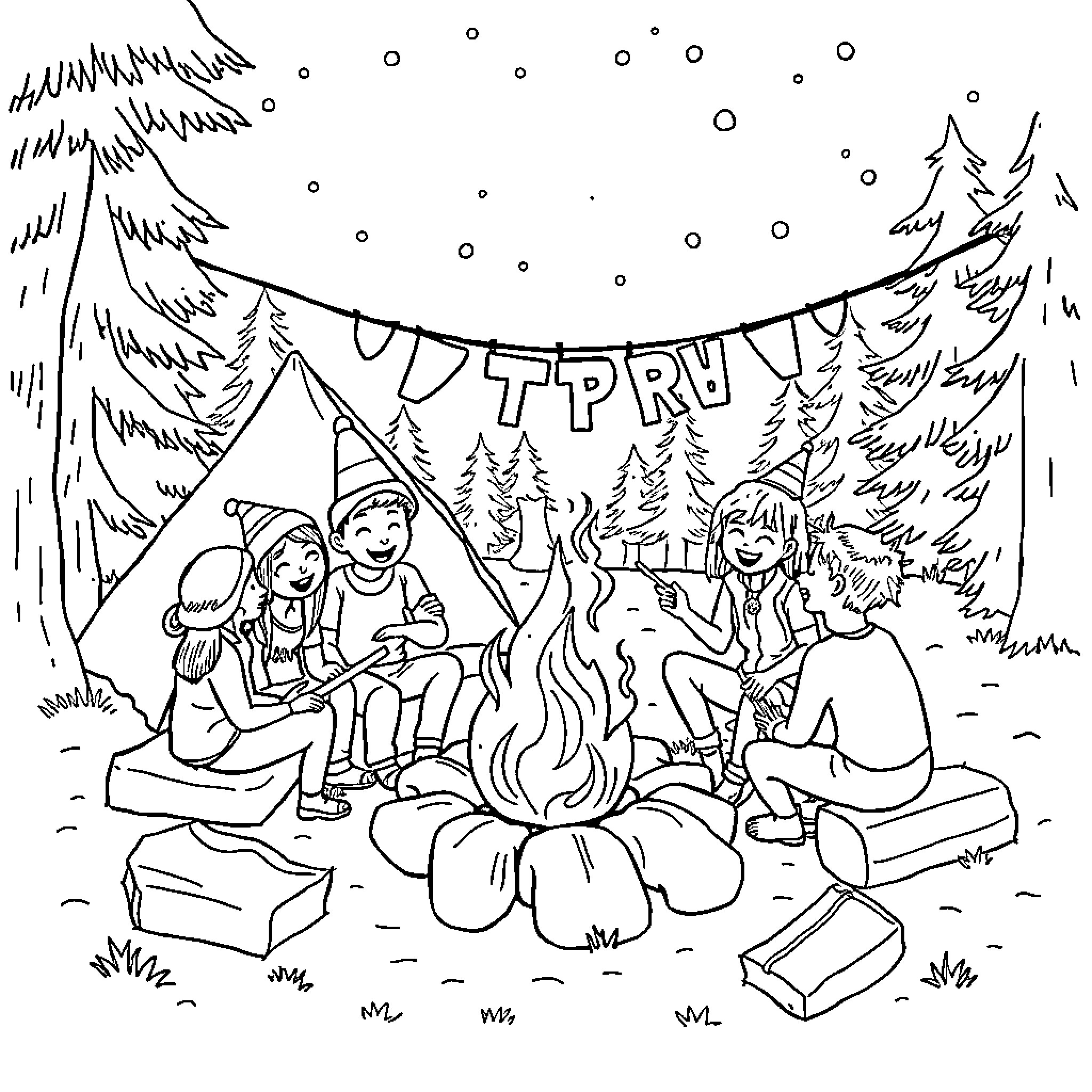 Camping trip with friends around the campfire Coloring Page (free black-and-white line drawing printable PDF for all, from beginners to advanced learners, including children, teens, adults, and seniors)