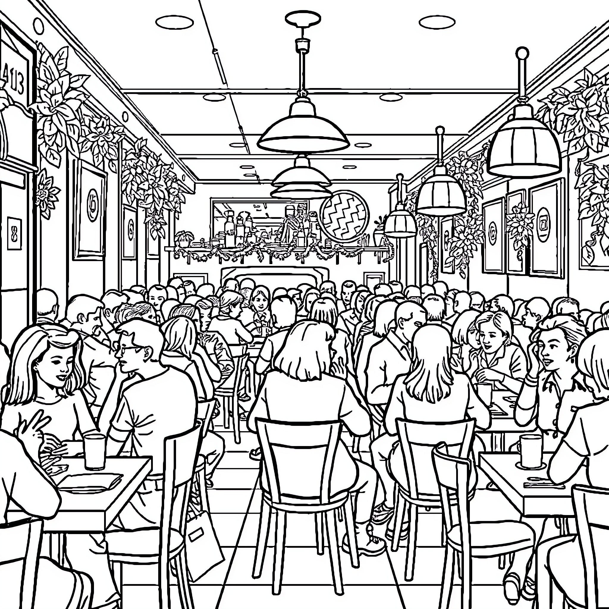 Restaurant Filled with Lively Patrons Coloring Page (free black-and-white line drawing printable PDF for all, from beginners to advanced learners, including children, teens, adults, and seniors)
