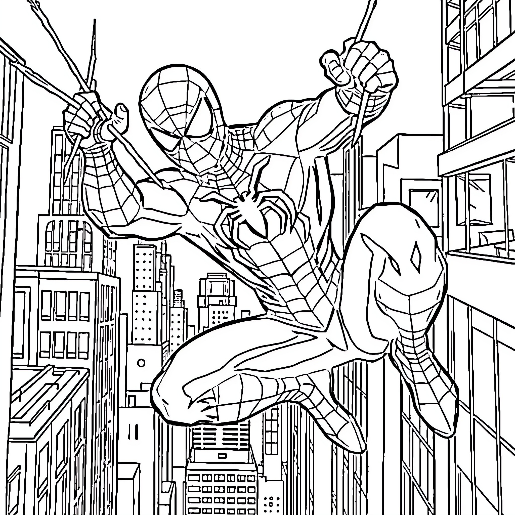 Spider-Man swinging through the city skyline Coloring Page (free black-and-white line drawing printable PDF for all, from beginners to advanced learners, including children, teens, adults, and seniors)