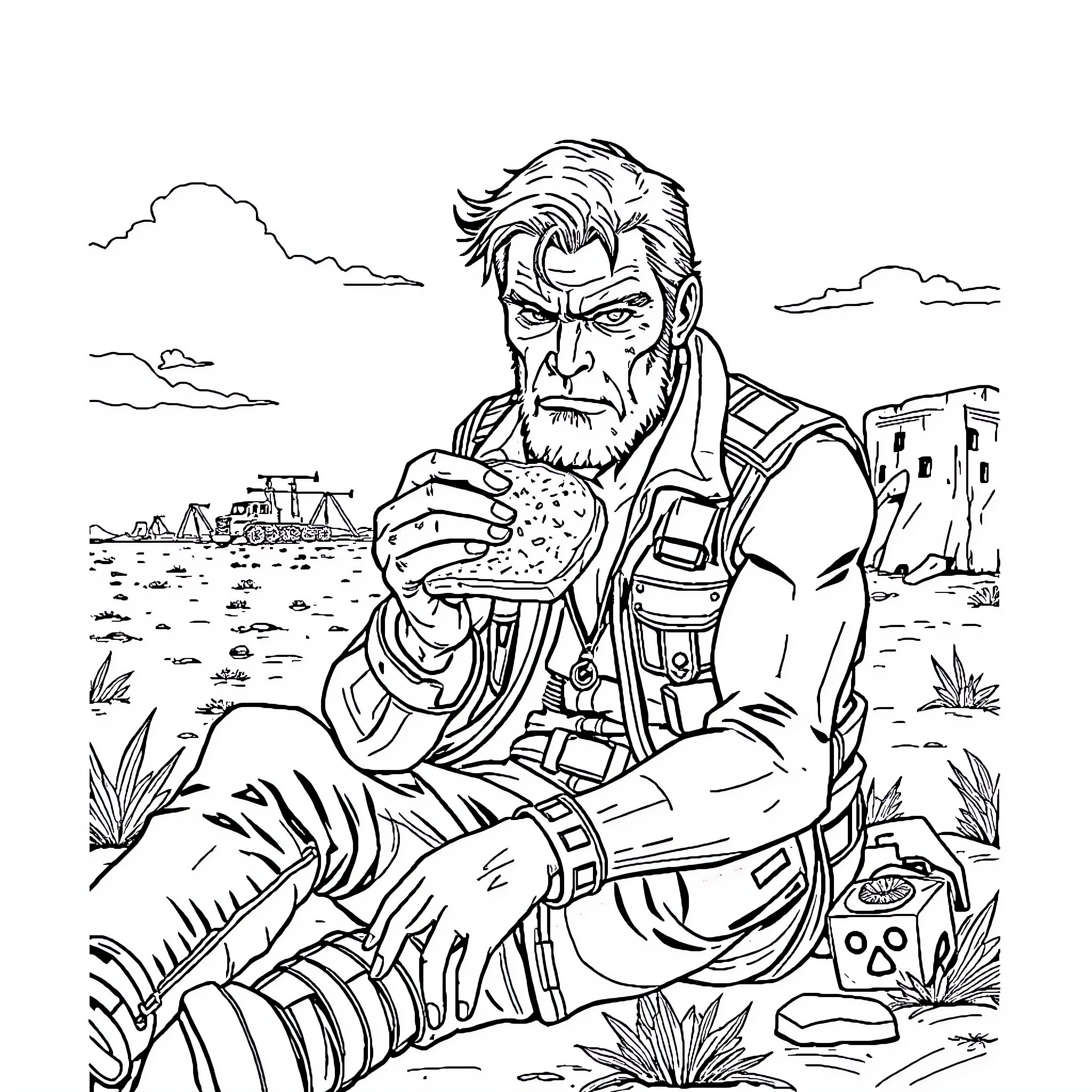 Mad Max Warrior Rests in Desolate Wasteland Coloring Page (free black-and-white line drawing printable PDF for all, from beginners to advanced learners, including children, teens, adults, and seniors)