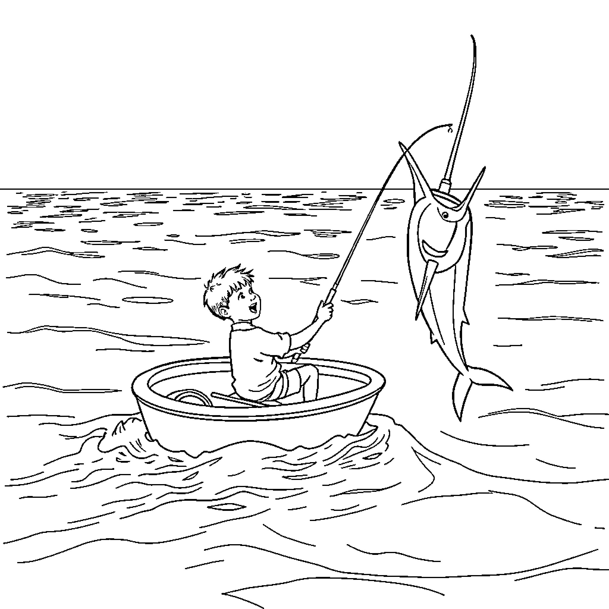 Boy fishing large marlin from small boat Coloring Page (free black-and-white line drawing printable PDF for all, from beginners to advanced learners, including children, teens, adults, and seniors)