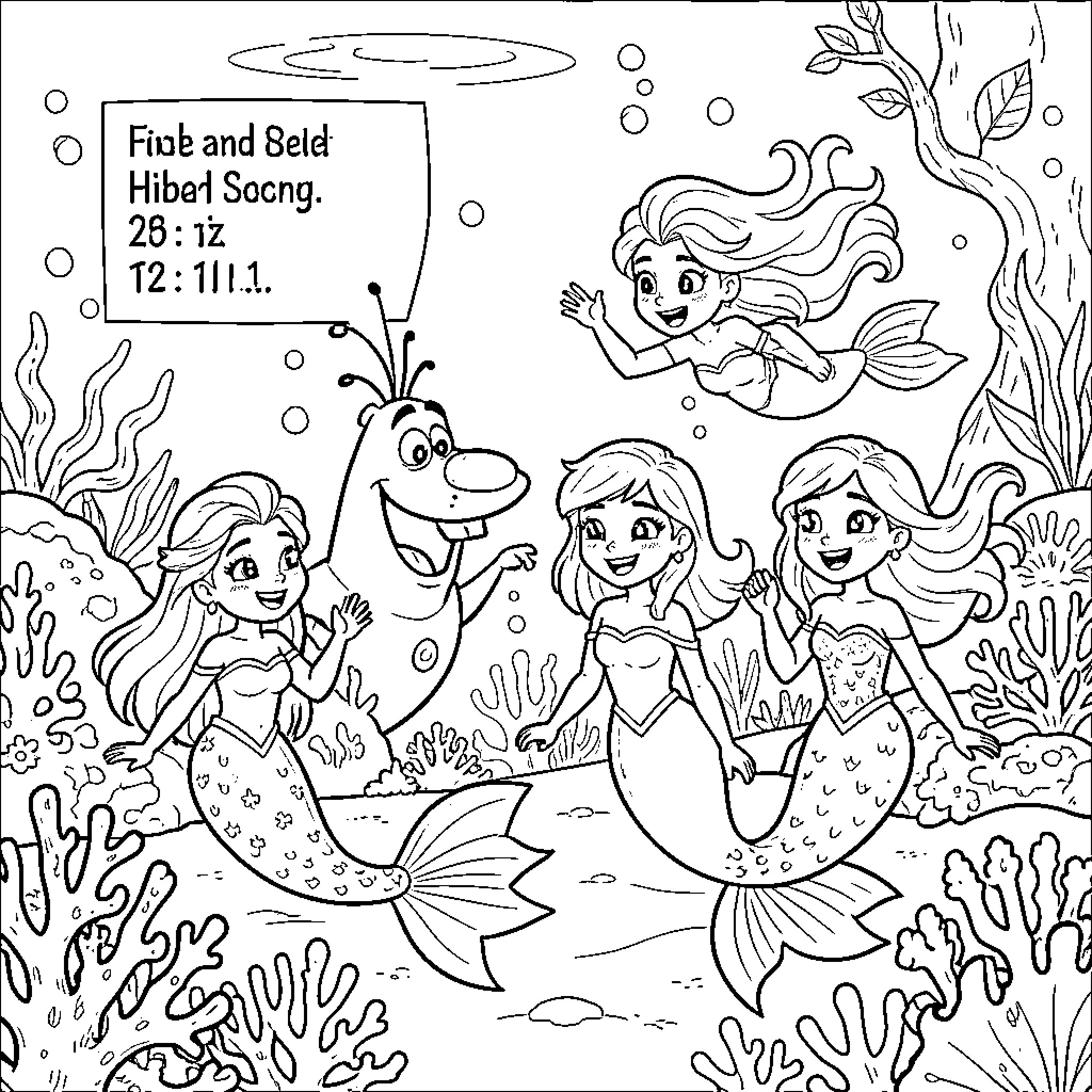 Mermaid friends enjoying an underwater adventure Coloring Page (free black-and-white line drawing printable PDF for all, from beginners to advanced learners, including children, teens, adults, and seniors)