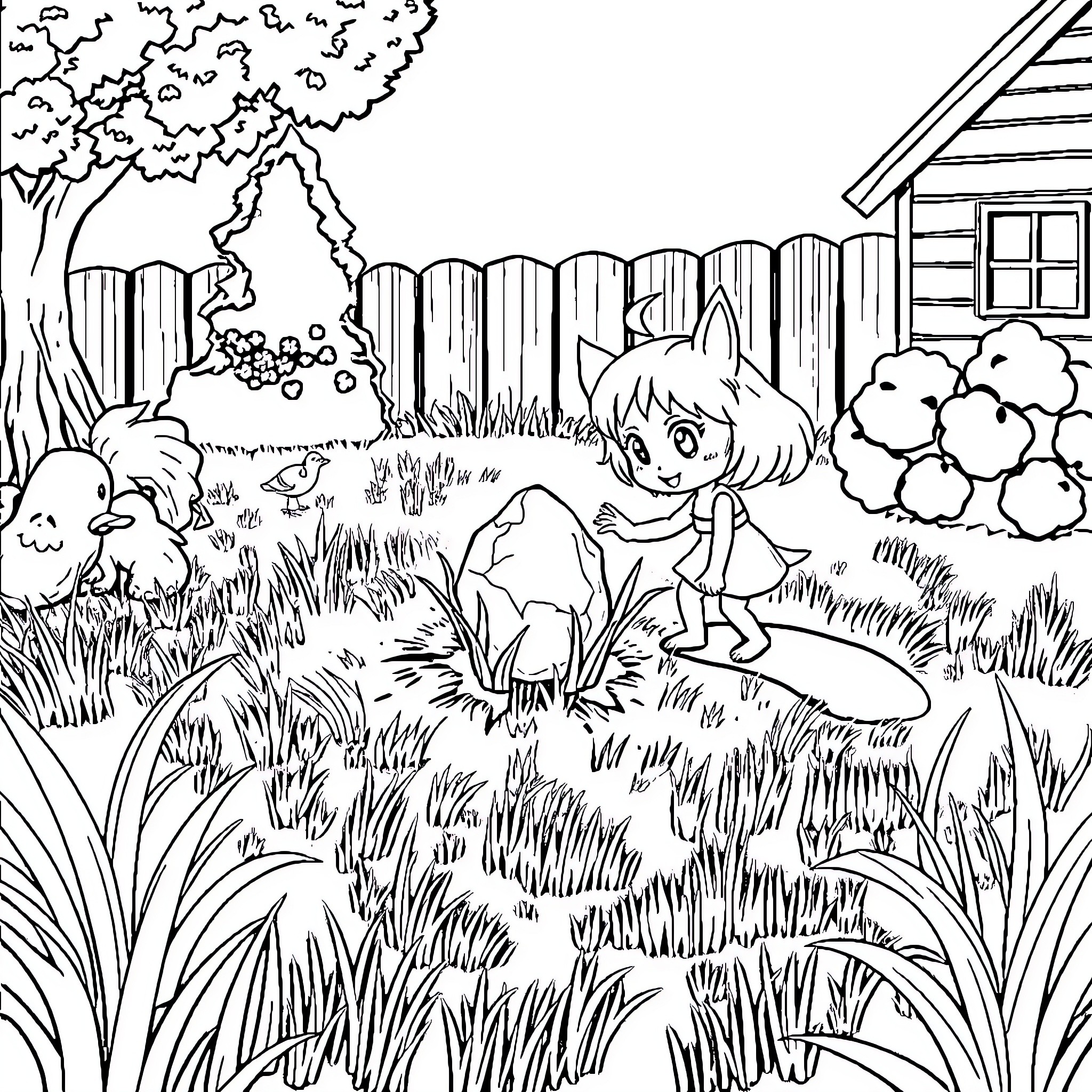 Luna's Playful Adventure in the Backyard Coloring Page (free black-and-white line drawing printable PDF for all, from beginners to advanced learners, including children, teens, adults, and seniors)