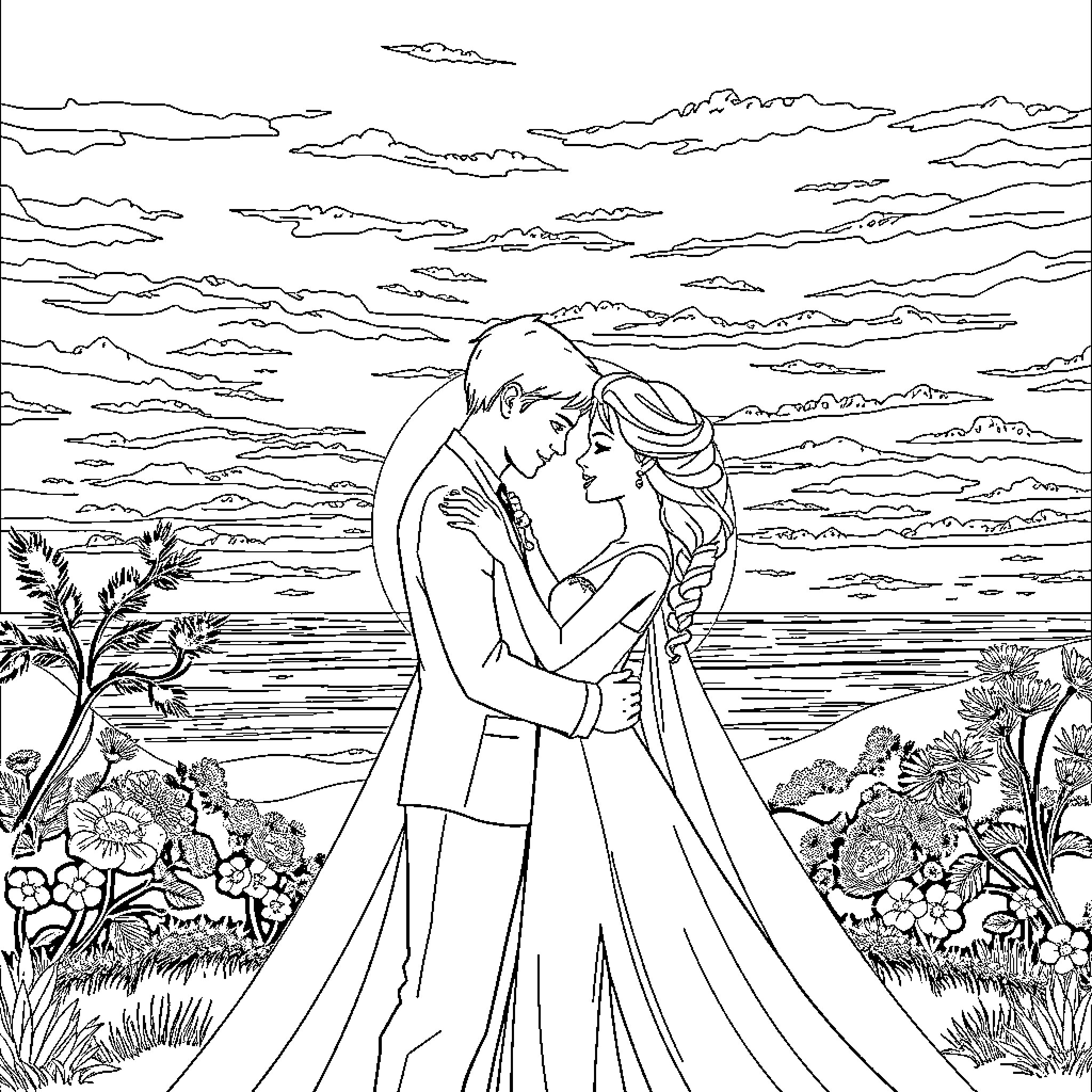 Mira's romantic wedding scene with embrace in nature Coloring Page (free black-and-white line drawing printable PDF for all, from beginners to advanced learners, including children, teens, adults, and seniors)