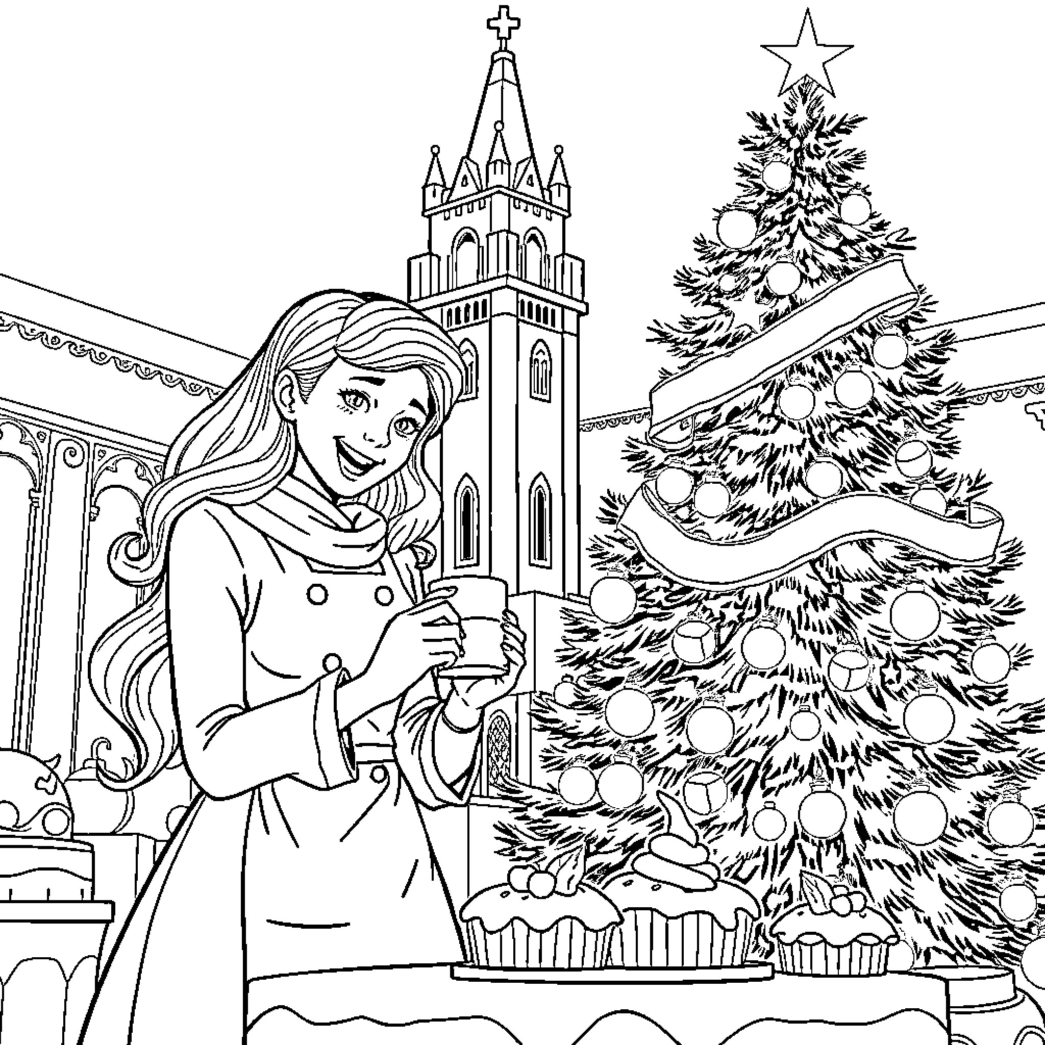 Raiponce celebrating Christmas in a winter wonderland Coloring Page (free black-and-white line drawing printable PDF for all, from beginners to advanced learners, including children, teens, adults, and seniors)