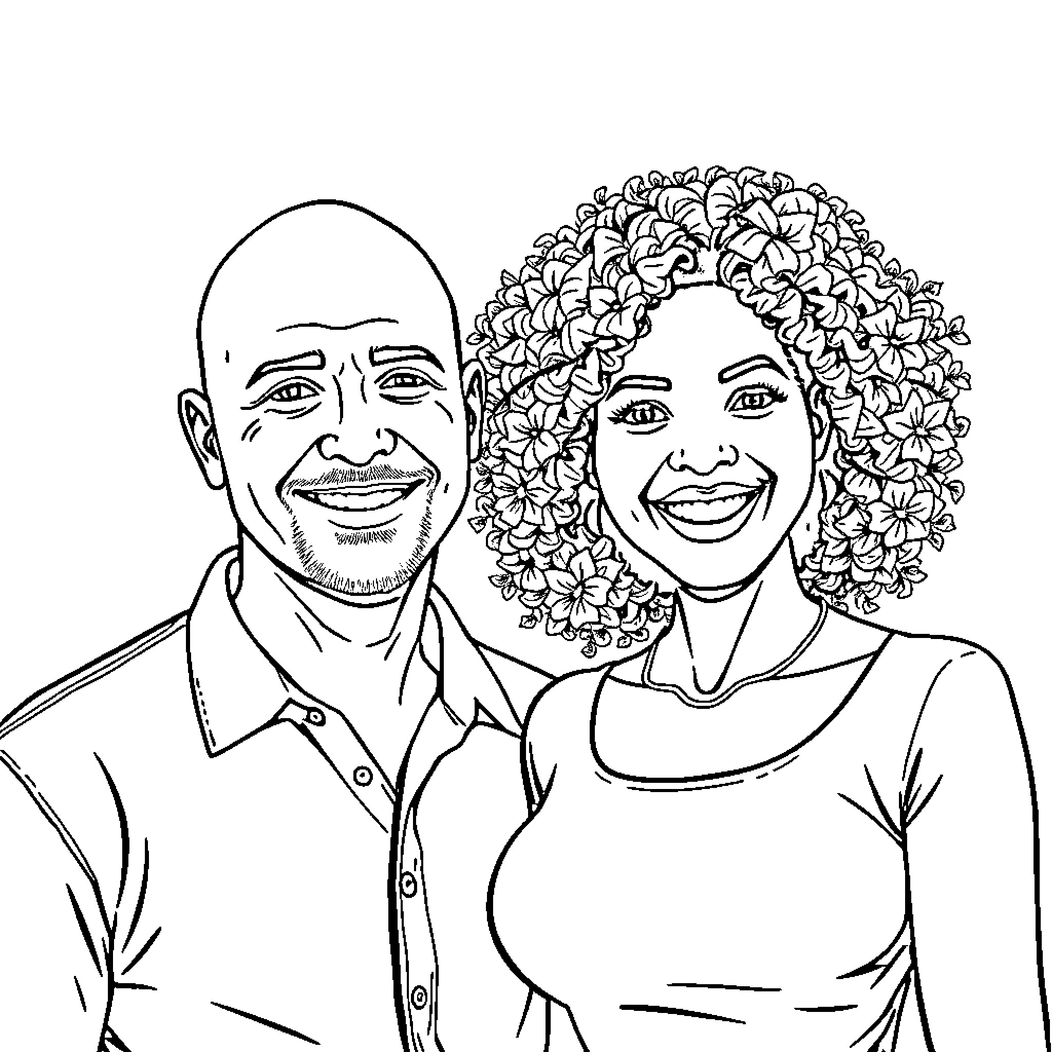 Person smiling with curly hair in portrait Coloring Page (free black-and-white line drawing printable PDF for all, from beginners to advanced learners, including children, teens, adults, and seniors)