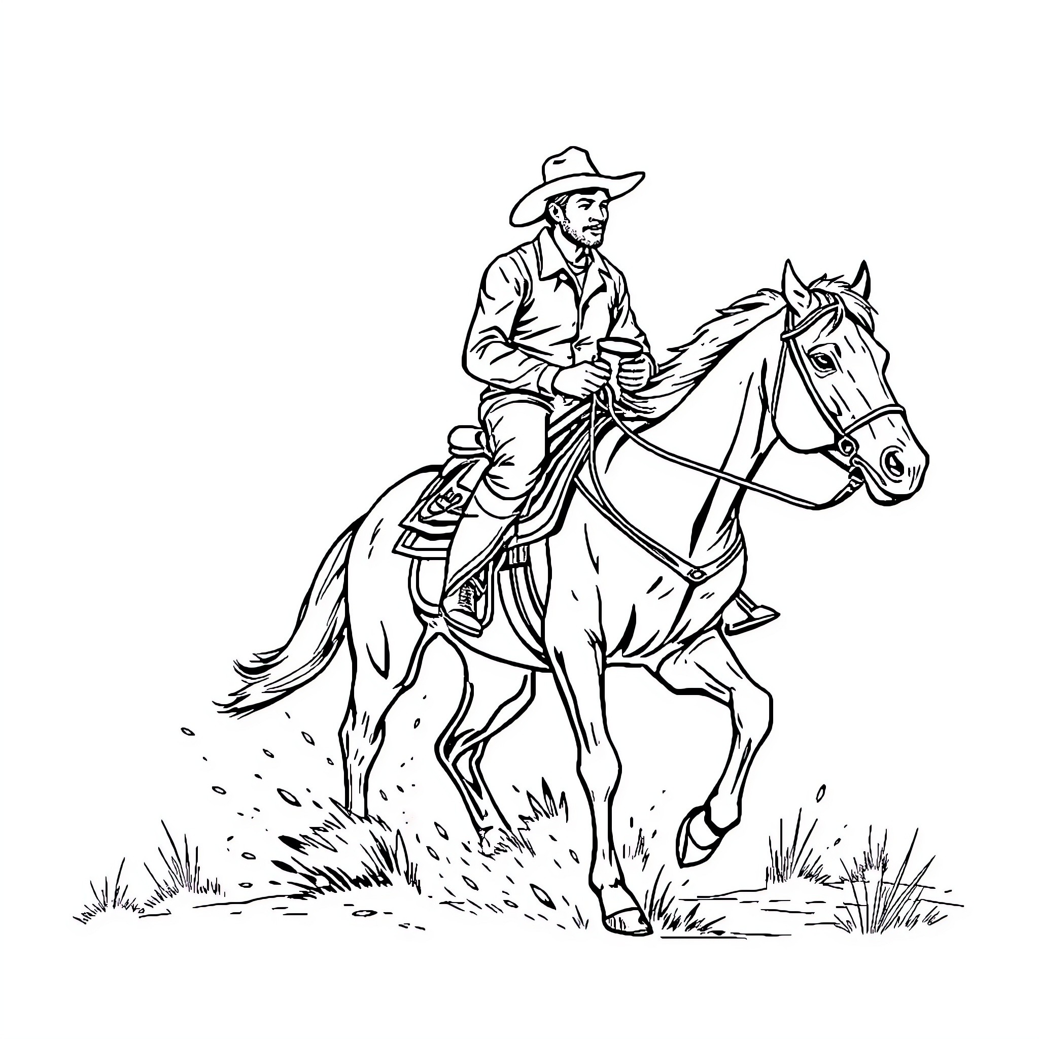 Cowboy riding galloping horse across open field Coloring Page (free black-and-white line drawing printable PDF for all, from beginners to advanced learners, including children, teens, adults, and seniors)