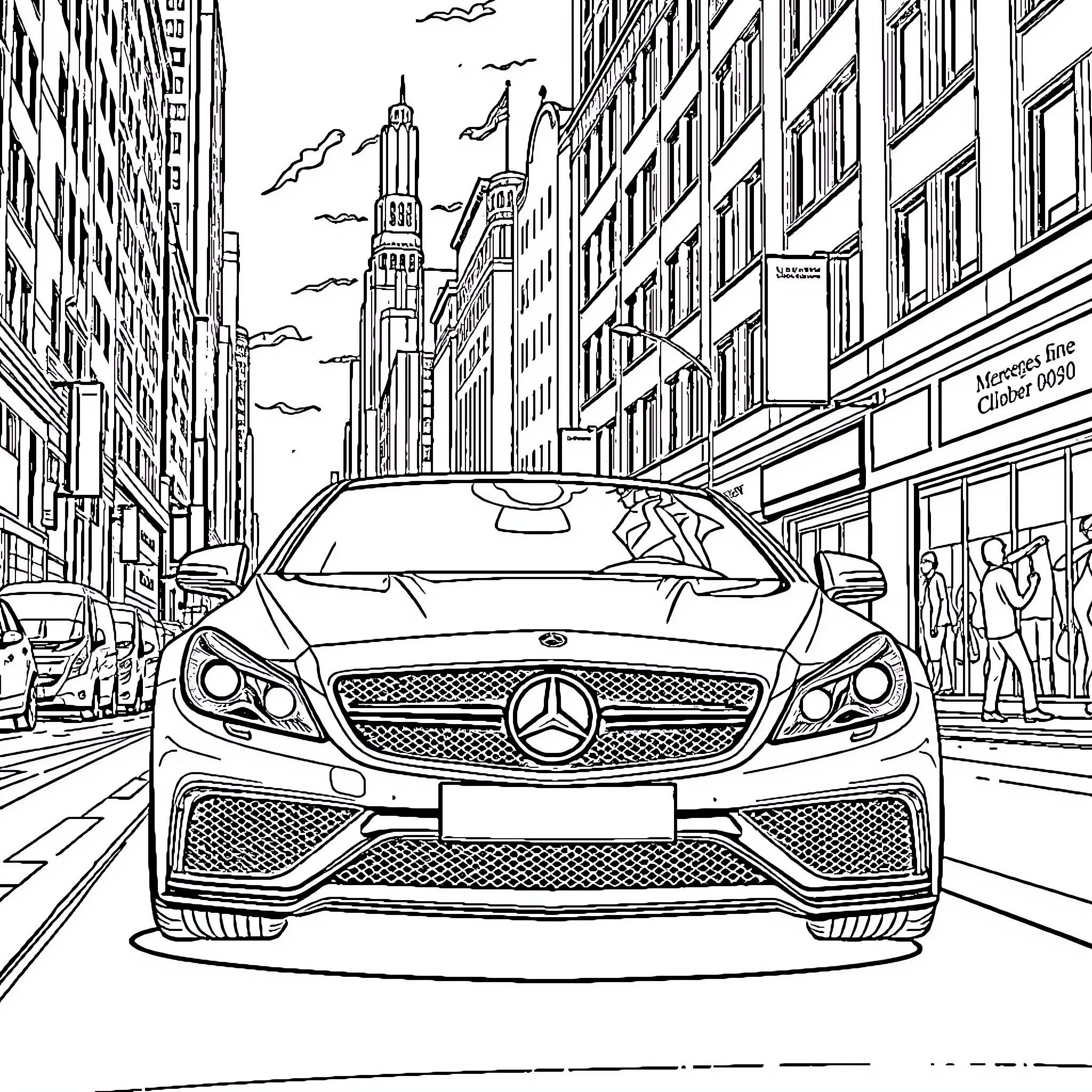 Mercedes vehicle on a city street Coloring Page (free black-and-white line drawing printable PDF for all, from beginners to advanced learners, including children, teens, adults, and seniors)
