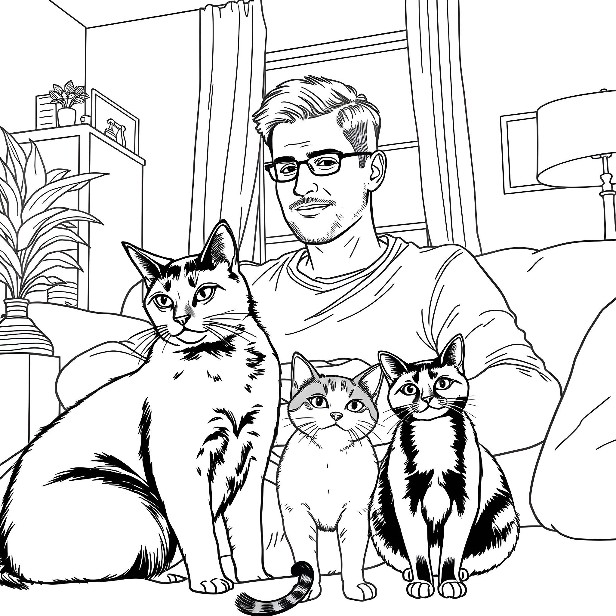 Man relaxing at home with his pets Coloring Page (free black-and-white line drawing printable PDF for all, from beginners to advanced learners, including children, teens, adults, and seniors)