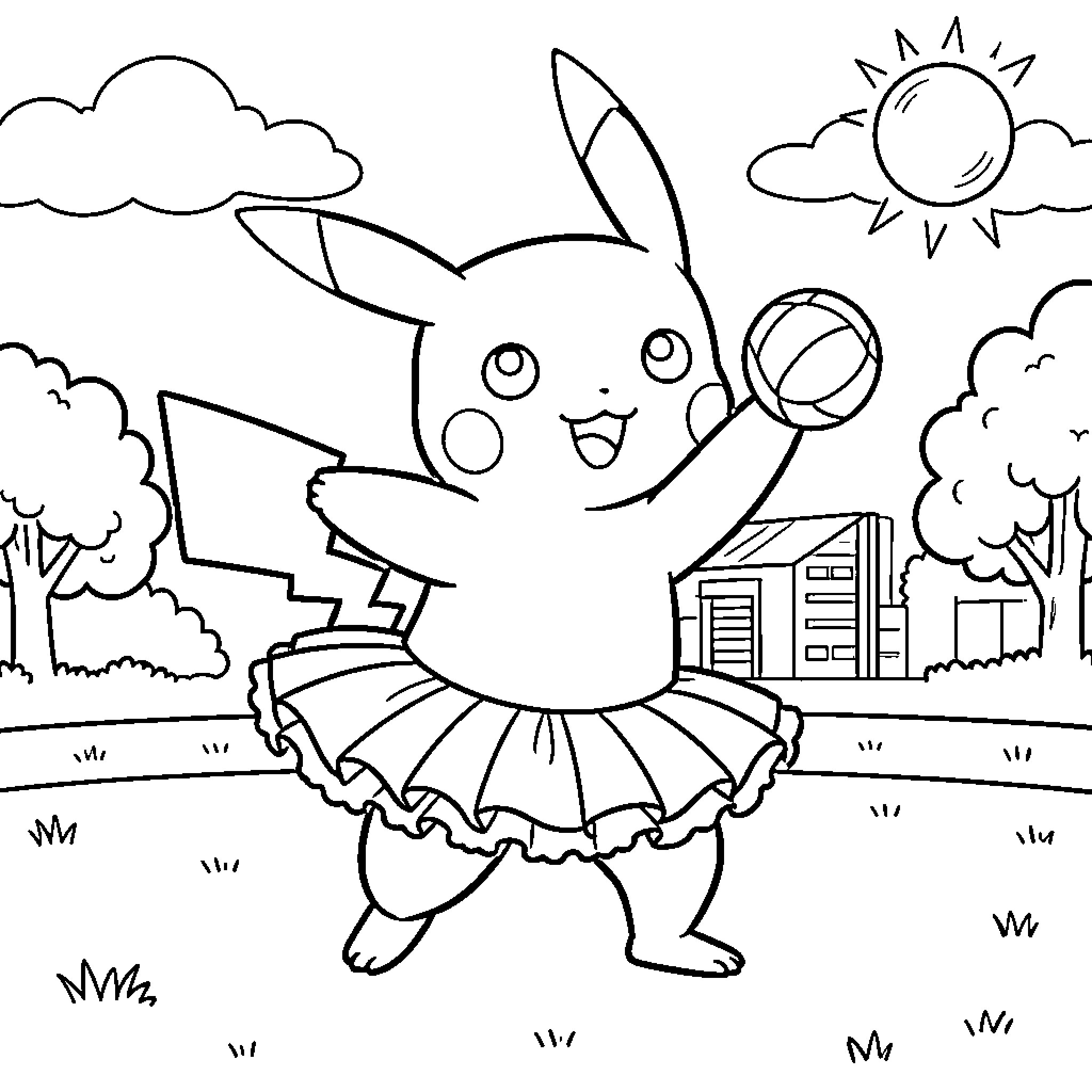 Pikachu dancing joyfully in a scenic outdoor setting Coloring Page (free black-and-white line drawing printable PDF for all, from beginners to advanced learners, including children, teens, adults, and seniors)