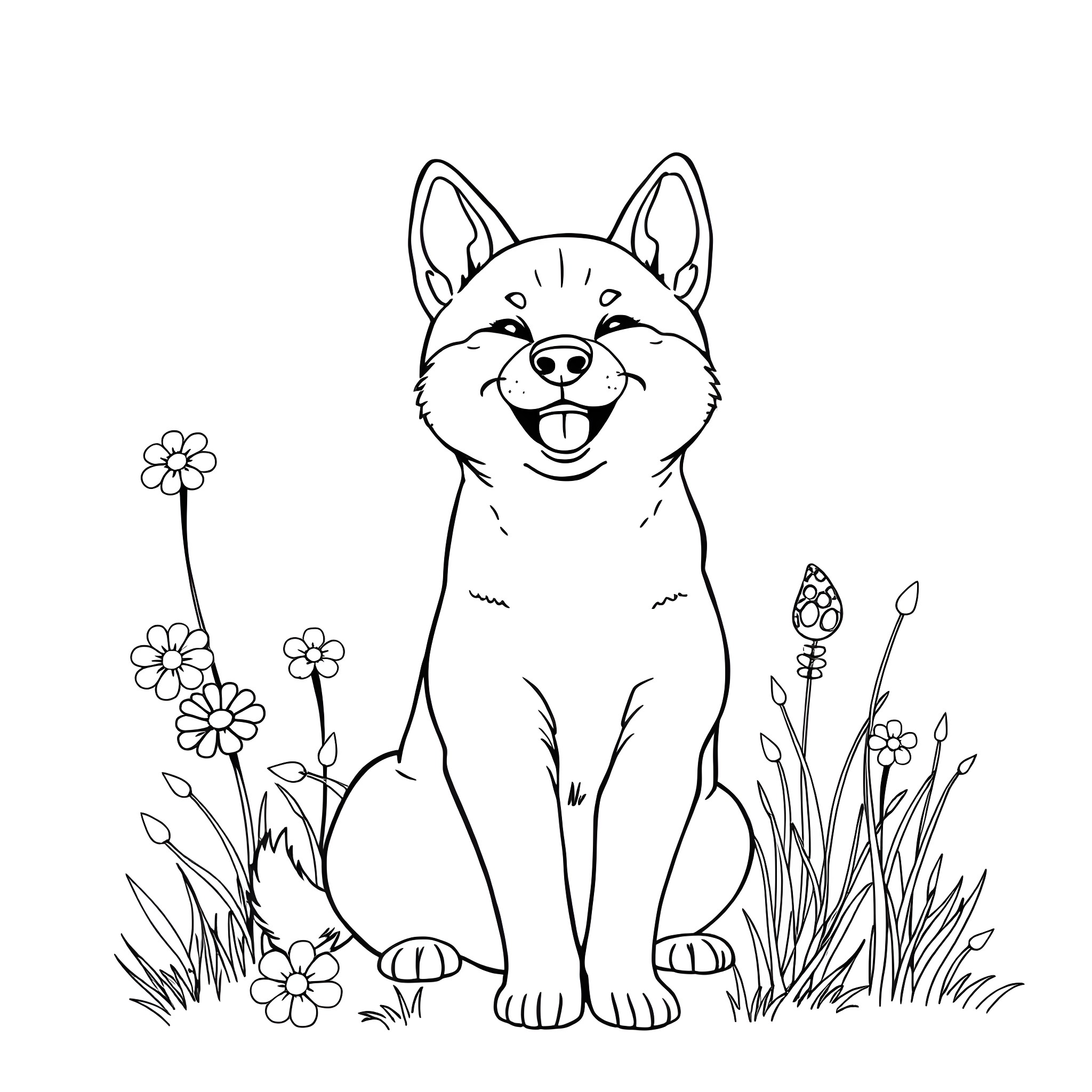 Shiba Inu enjoying the outdoors with flowers Coloring Page (free black-and-white line drawing printable PDF for all, from beginners to advanced learners, including children, teens, adults, and seniors)