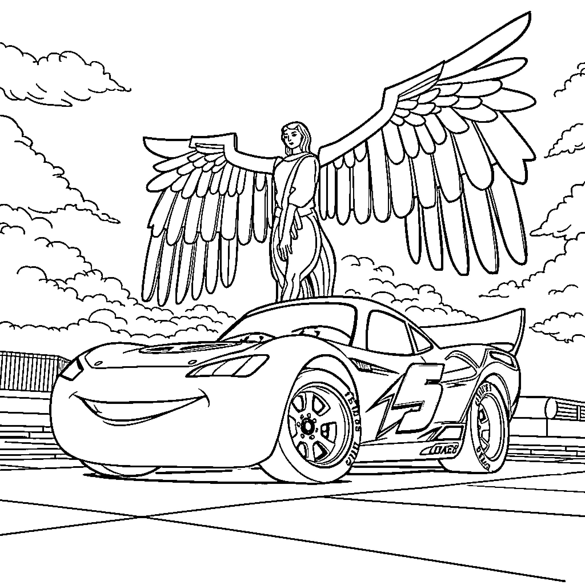 Lightning McQueen's Winged Adventure Coloring Page (free black-and-white line drawing printable PDF for all, from beginners to advanced learners, including children, teens, adults, and seniors)