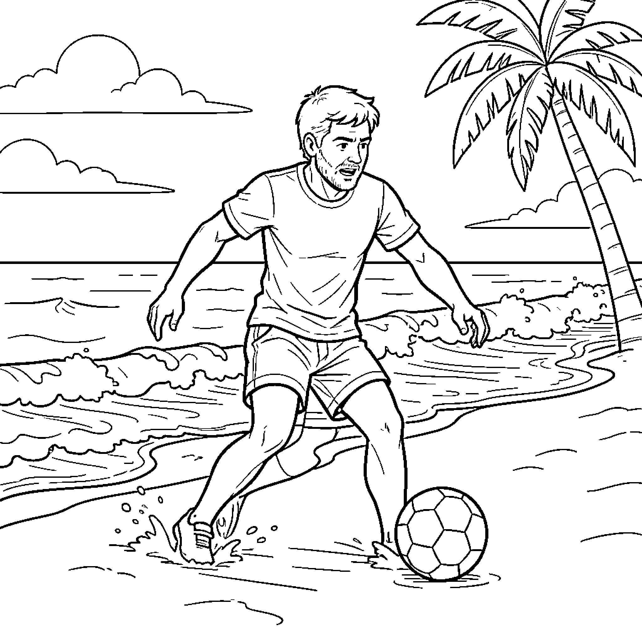 Marcus playing soccer on the beach Coloring Page (free black-and-white line drawing printable PDF for all, from beginners to advanced learners, including children, teens, adults, and seniors)