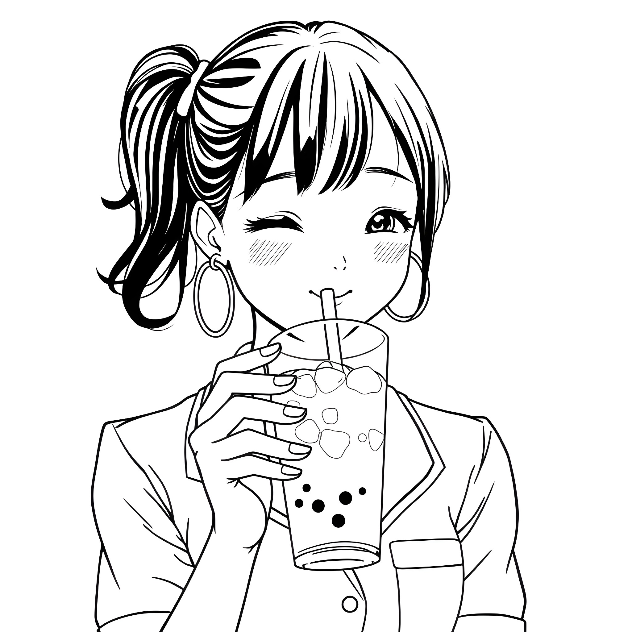 Girl enjoying a colorful beverage with joy Coloring Page (free black-and-white line drawing printable PDF for all, from beginners to advanced learners, including children, teens, adults, and seniors)
