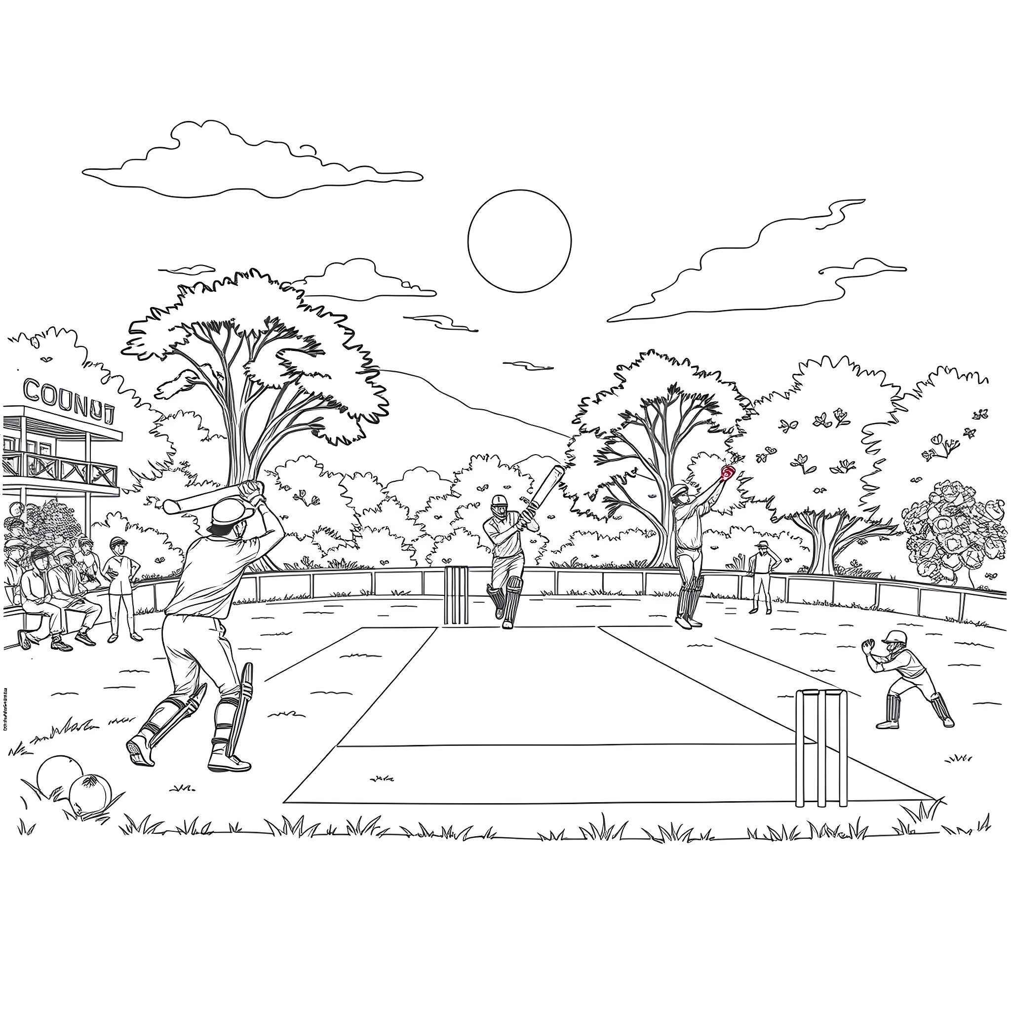 Cricket players enjoying the game on the field Coloring Page (free black-and-white line drawing printable PDF for all, from beginners to advanced learners, including children, teens, adults, and seniors)