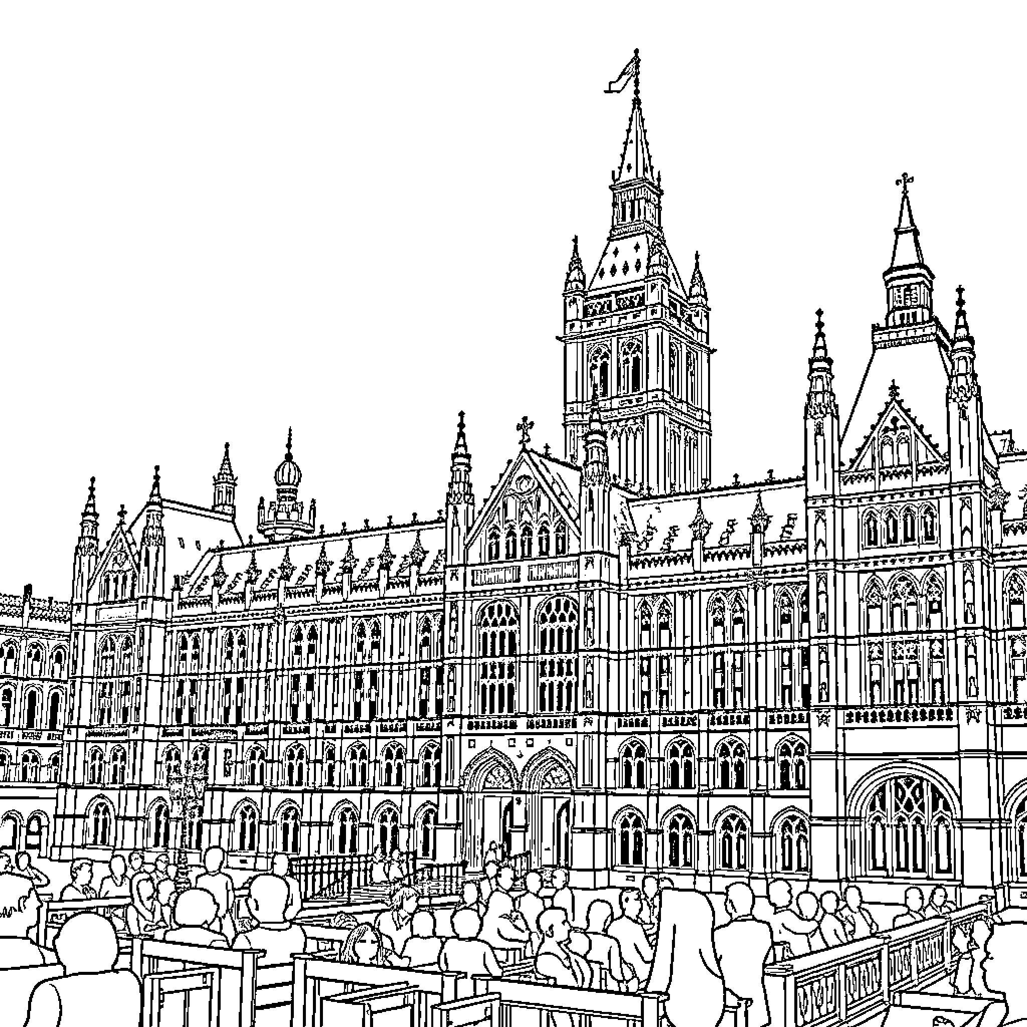 House of Parliament with Crowd Gathering Coloring Page (free black-and-white line drawing printable PDF for all, from beginners to advanced learners, including children, teens, adults, and seniors)