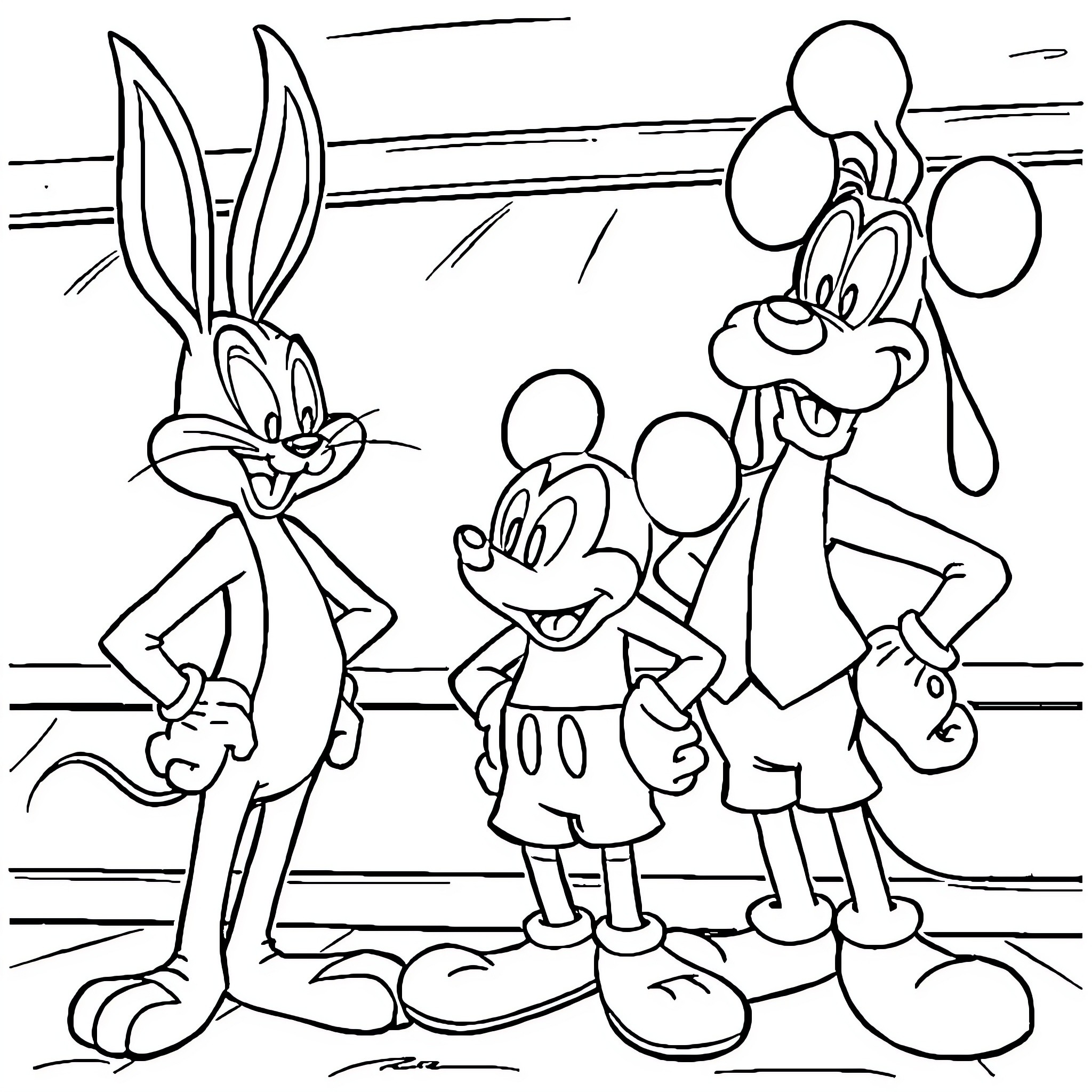 Bugs Bunny and Mickey Mouse in a playful scene Coloring Page (free black-and-white line drawing printable PDF for all, from beginners to advanced learners, including children, teens, adults, and seniors)