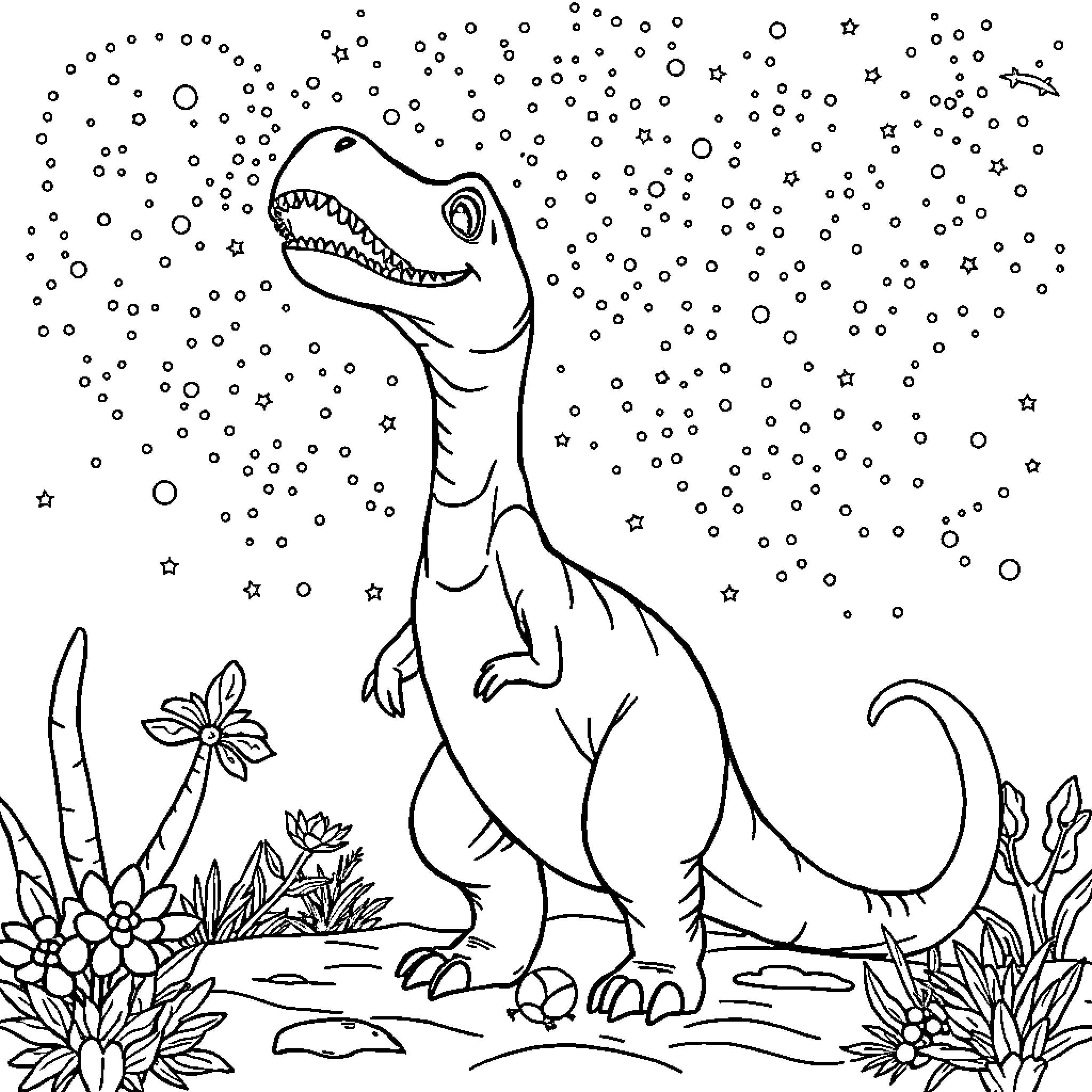 Dinosaur in a Starry Night Landscape Coloring Page (free black-and-white line drawing printable PDF for all, from beginners to advanced learners, including children, teens, adults, and seniors)