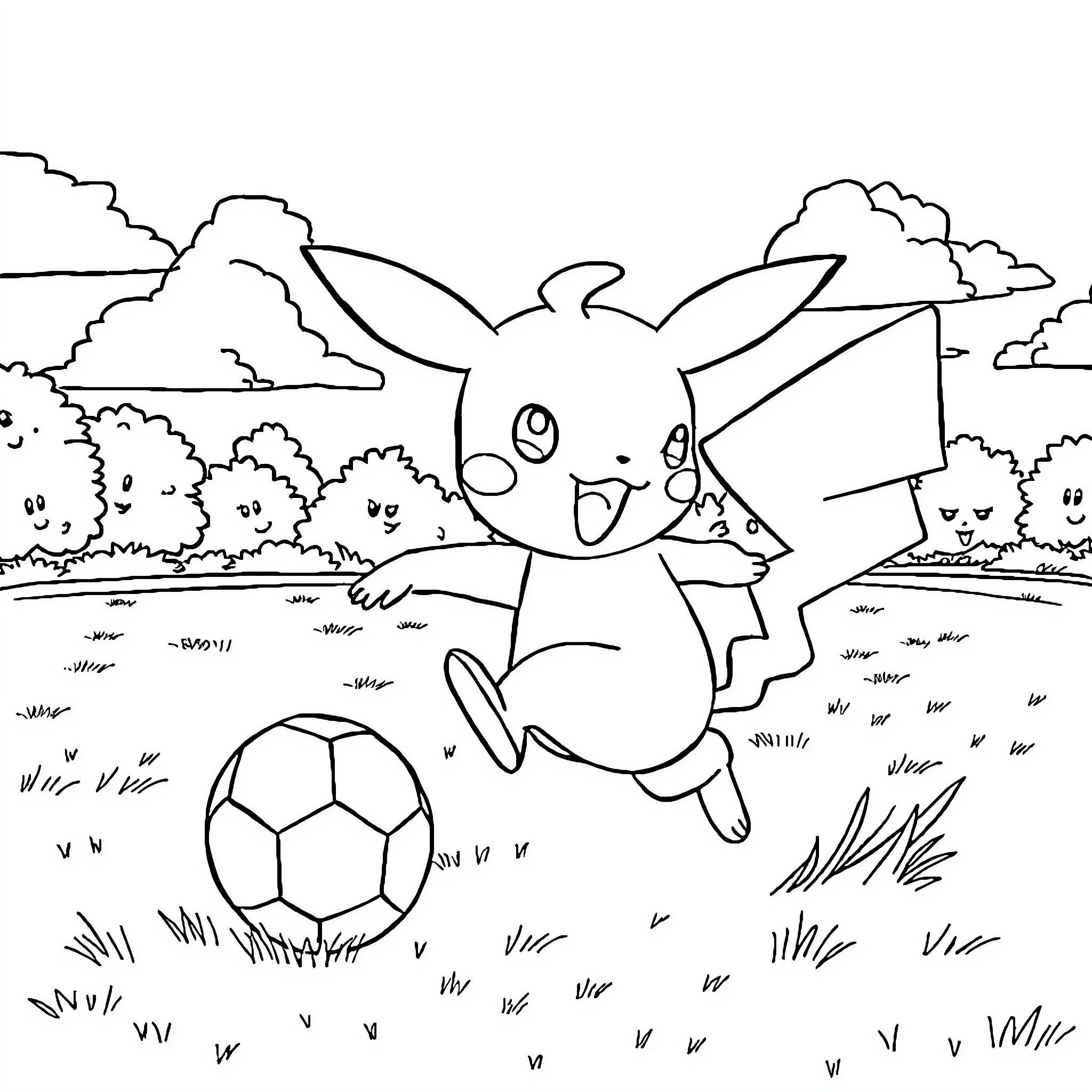 Pokémon character playing with soccer ball in the park Coloring Page (free black-and-white line drawing printable PDF for all, from beginners to advanced learners, including children, teens, adults, and seniors)