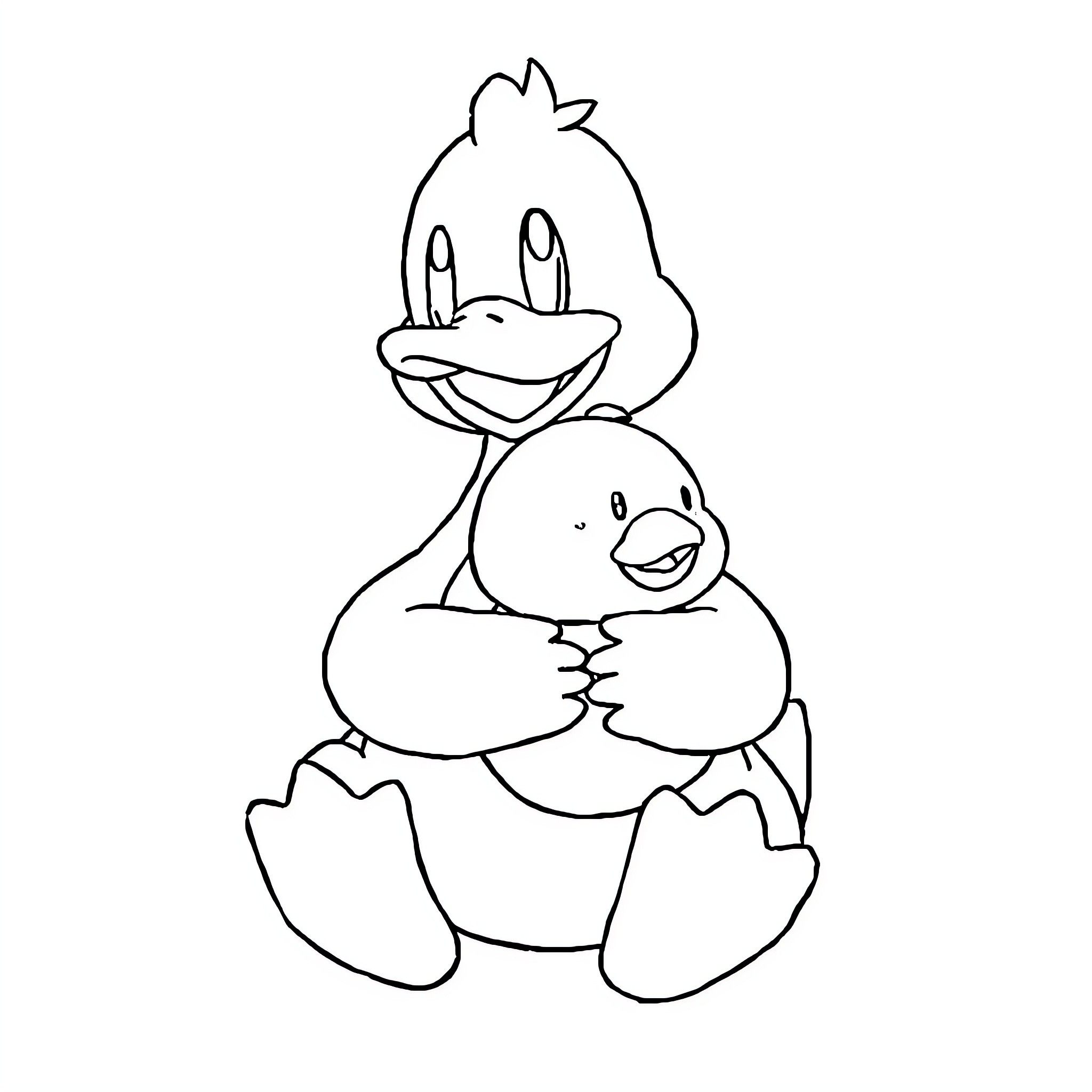 Psyduck hugging a cute chick Coloring Page (free black-and-white line drawing printable PDF for all, from beginners to advanced learners, including children, teens, adults, and seniors)