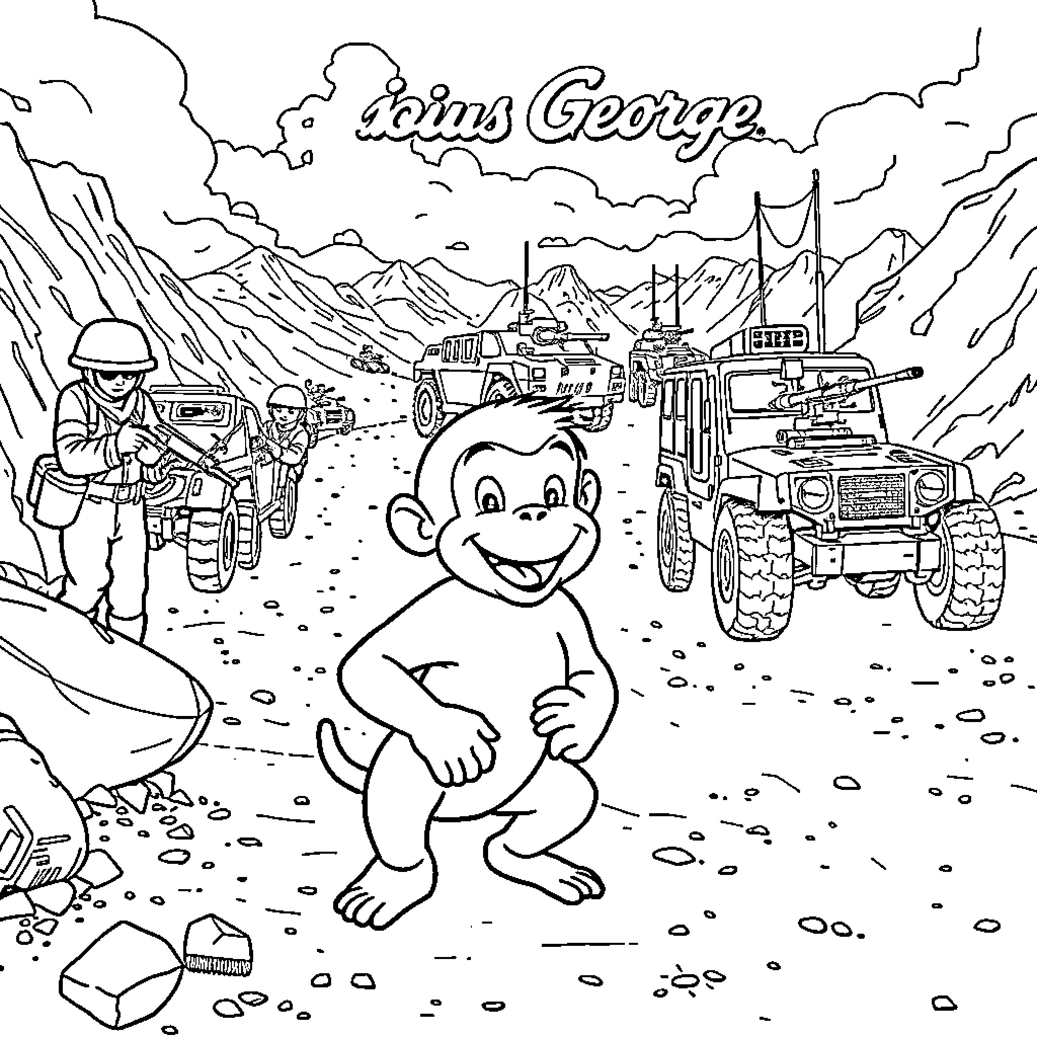 Curious George explores a military outpost Coloring Page (free black-and-white line drawing printable PDF for all, from beginners to advanced learners, including children, teens, adults, and seniors)